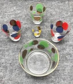 Russel Wright Eclipse and Variant Five Piece Glassware: Russel Wright Eclipse and Variant Five Piece Glassware Lot Green, Yellow and Red & Blue with Gold Moons: Eclipse Green Ice Tub; Eclipse Green Old-fashioned; Eclipse Yellow Shot Glass-bubble in rim, Al