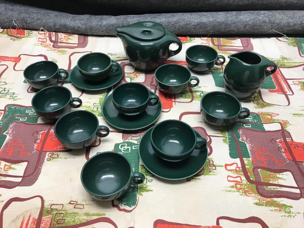 Russel Wright Iroquois Parsley 17 Piece Tea Set: 5"H: Russel Wright Iroquois Parsley 17 Piece Tea Set: After Dinner Coffee Pot with Lid; Ten Tea Cups-one cracked; Three Saucers; stacking Creamer and Sugar. 5"H (coffee pot)