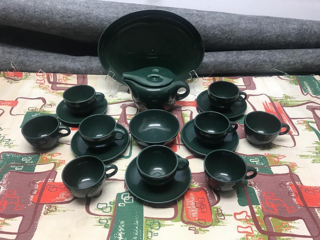 Russel Wright Iroquois Parsley Lot of 18 Pieces: 9: Russel Wright Iroquois Parsley Lot of 18 Pieces: 9 1/2” x 12 1/2” Platter- glaze skip and wear; After Dinner Coffee Pot with Lid; One 5” cereal Bowl; Nine Coffee Cups; Five Saucers.