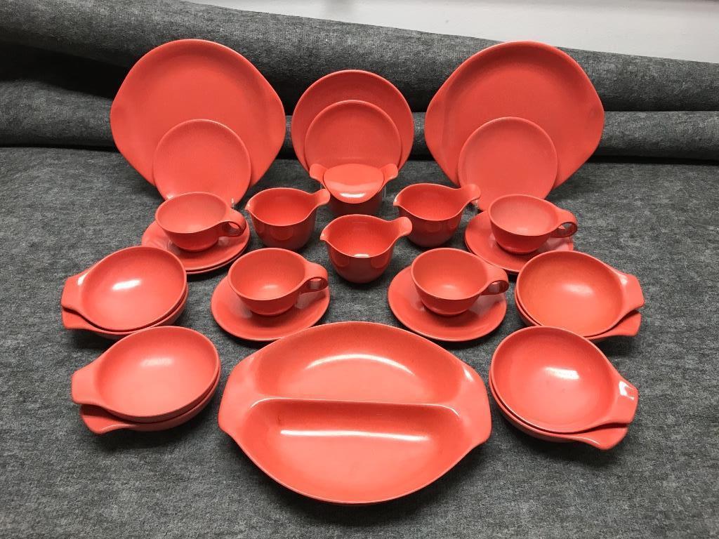 Russel Wright Melmac Residential Salmon 30 Pieces: 11": Russel Wright Melmac Residential Salmon 30 Pieces: Two Dinner Plates; One Salad Plate; Three b&bâ€™s; Four Cups; Six Saucers; Eight Soups; Three Creamers; Restyled Covered Sugar Bowl; Divided Veg