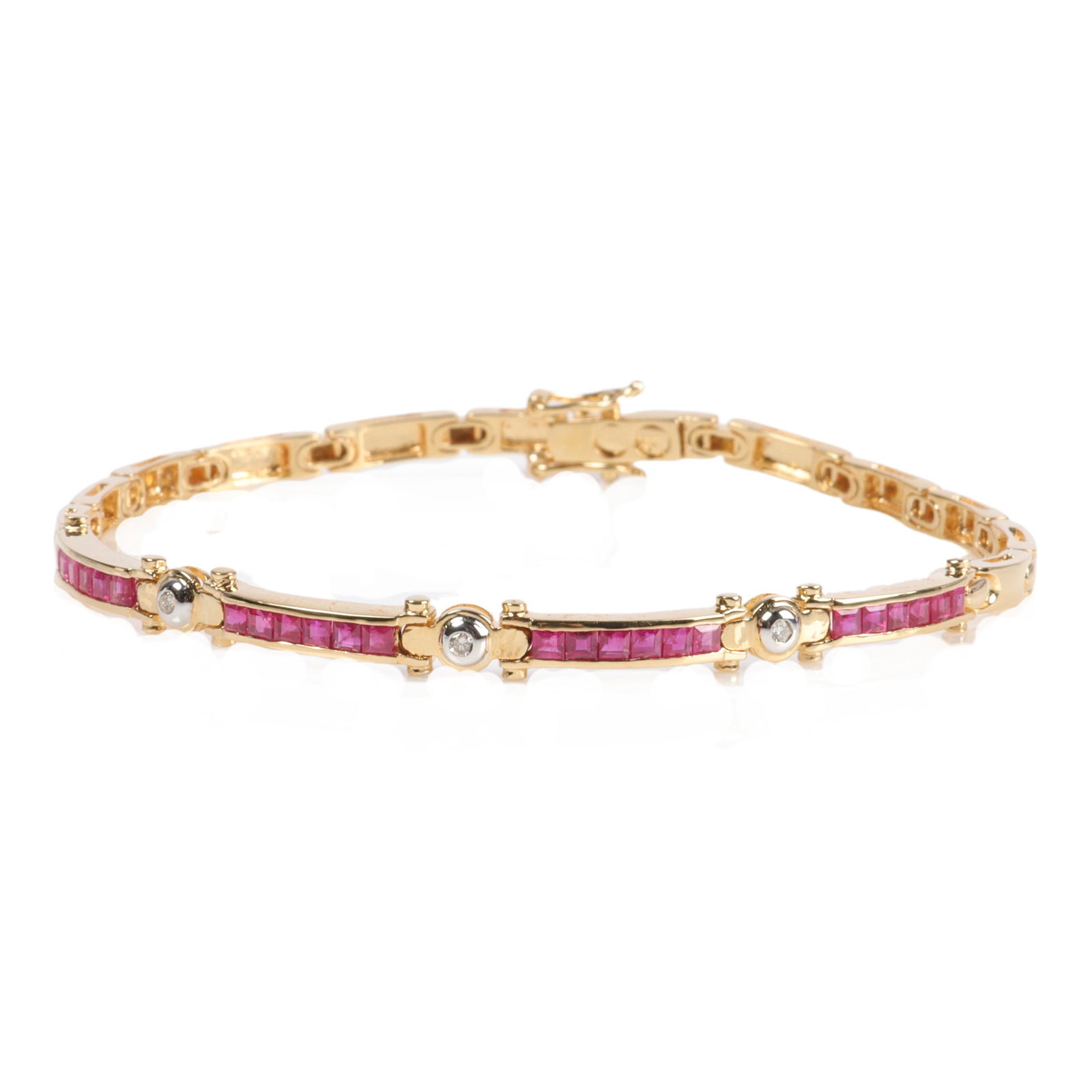Yellow gold 18K ruby diamond line bracelet. 7"L. 4.5mm (1 of 5)