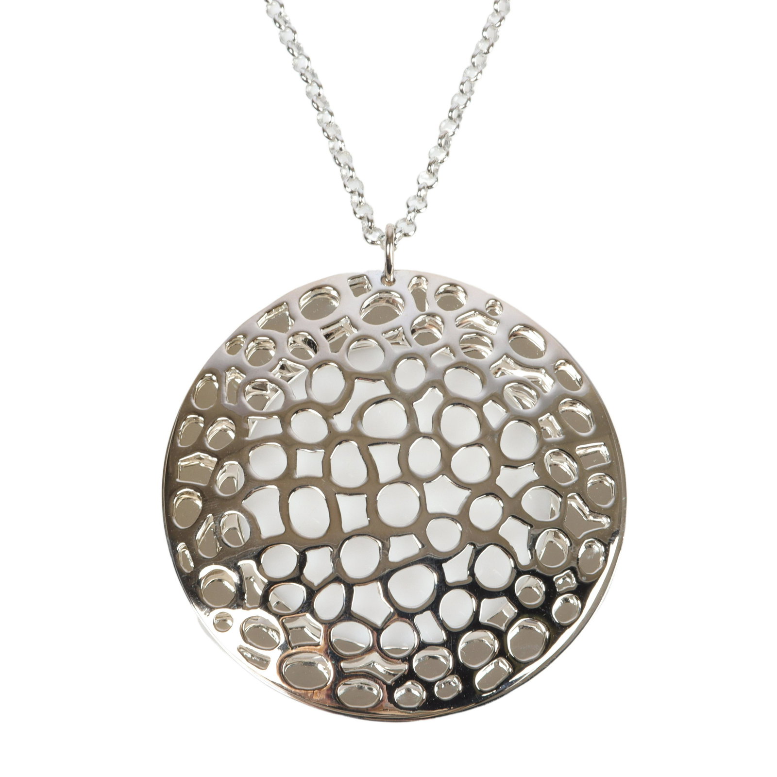 Robert Lee Morris RLM designer sterling silver web disk: Robert Lee Morris RLM designer sterling silver web disk slide over open circle pendant with cable chain necklace, marked 925 Robert Lee Morris, new old stock with original tags. Robert Lee Morris (bor