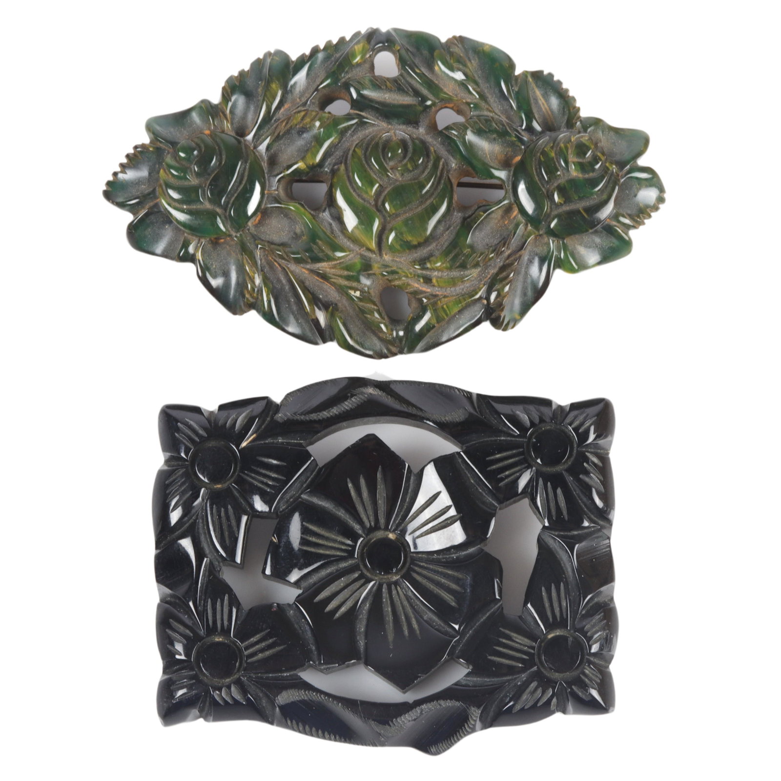 Two Bakelite pins: Black rectangular pin with floral (1 of 4)