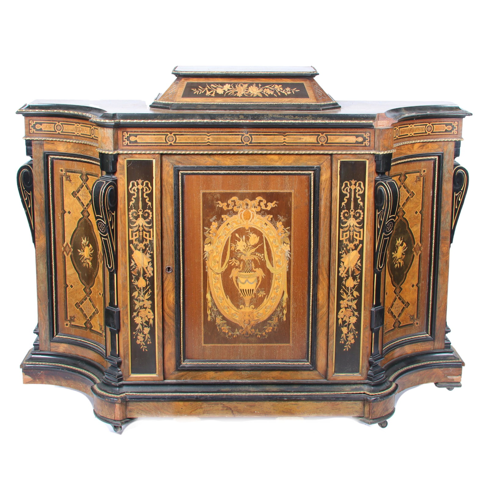 Antique Continental inlaid marquetry cabinet chest.: Antique Continental inlaid marquetry cabinet chest. In need of restoration. Mission one foot and corner trim peace. 47 1/2"H x 64"W x 18 1/2"D