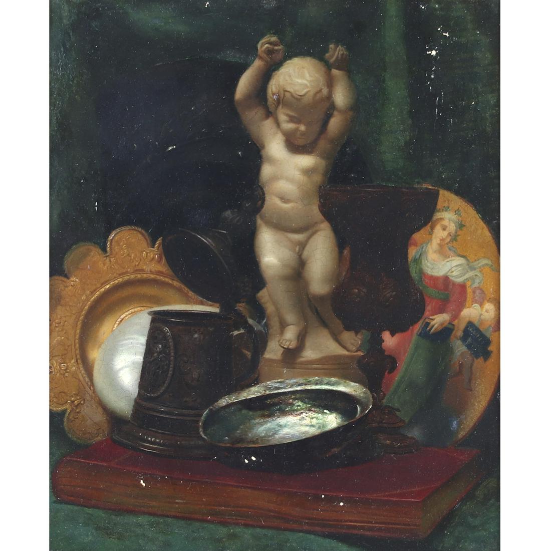 Dutch / Flemish School, Old Master 17th Century style: Dutch / Flemish School, Old Master 17th Century style still life with cherub, stein, chalice, nautilus and abalone shells on a book, oil on panel. No visible signature. Handwritten label verso reads, 