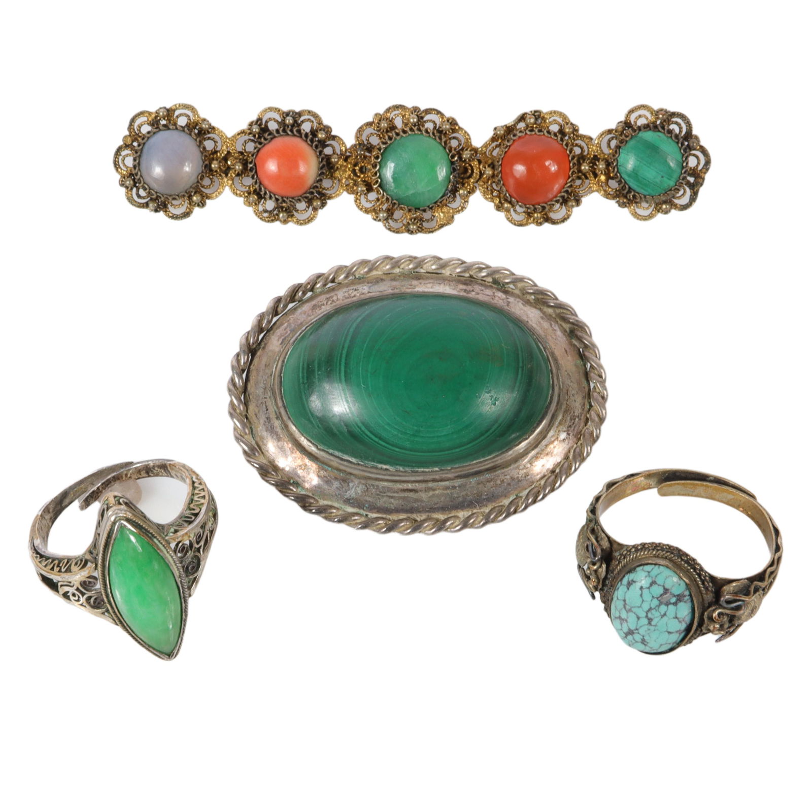 Estate 4pc: malachite oval cabochon in roping silver: Estate 4pc: malachite oval cabochon in roping silver mount, Chinese turquoise silver filigree adjustable ring, jade ring in silver filigree adjustable ring, and multi-color agate brooch set in gold fi