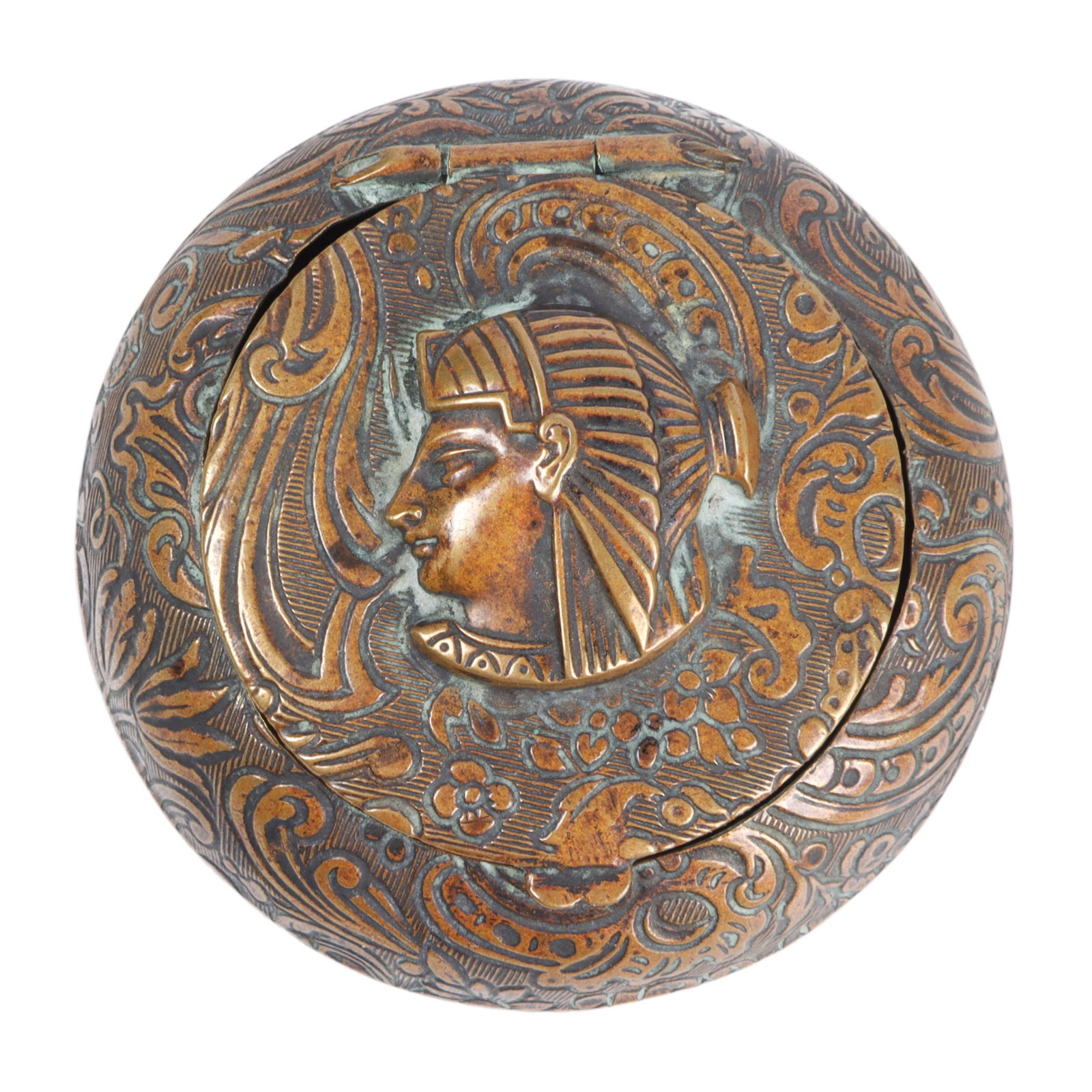 Egyptian themed round copper plated box with applied: Egyptian themed round copper plated box with applied Pharaoh head and scroll and flowe motif. 1"H x 2 3/4"Diam