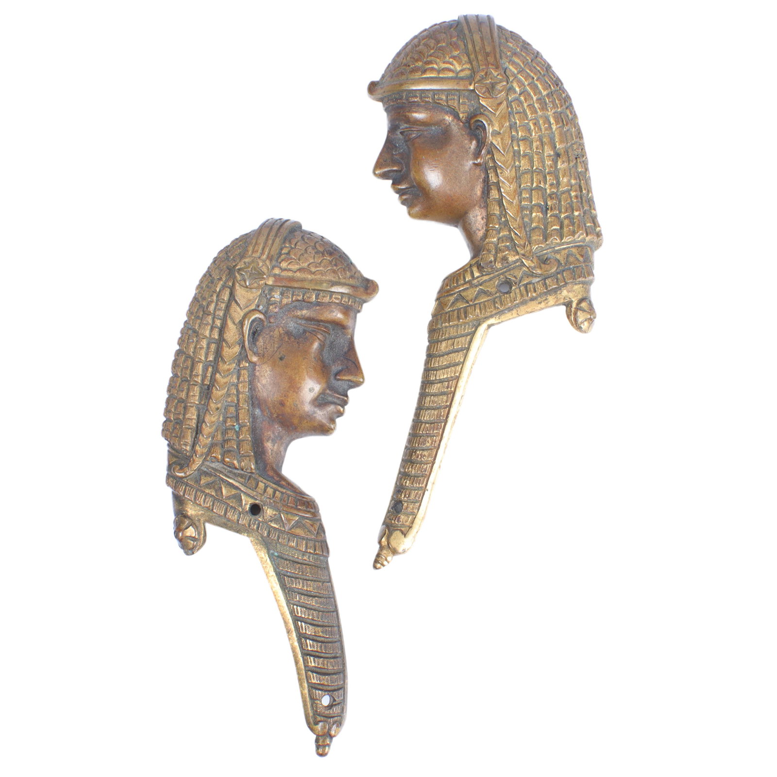 Egyptian Revival pair of large brass Pharaoh head: Egyptian Revival pair of large brass Pharaoh head profile drawer pulls. 5 3/4"H x 2 1/4"W