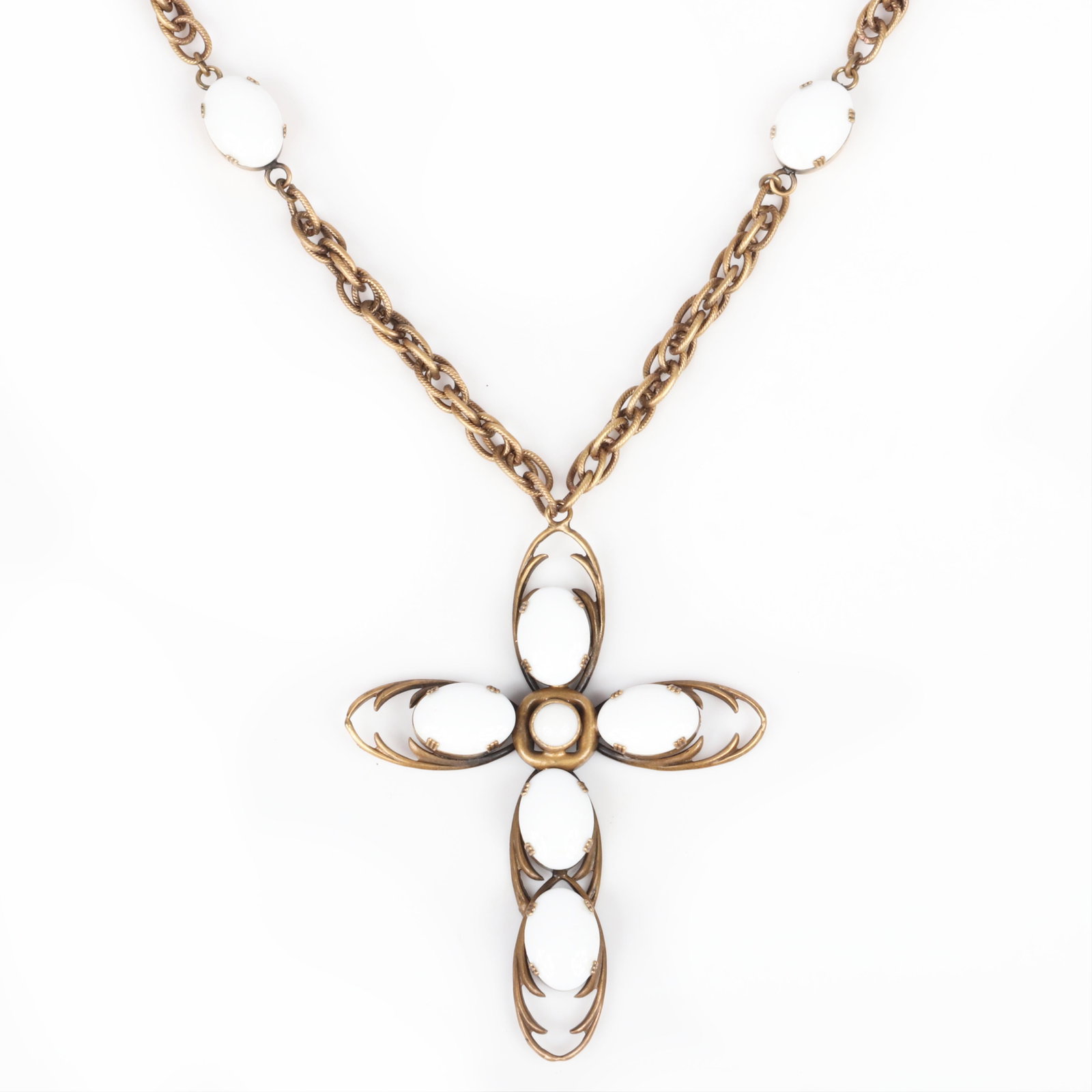 Joseff of Hollywood necklace with 4"H cross pendant: Joseff of Hollywood necklace with 4"H cross pendant with oval milk glass cabochons, central domed milk glass cabochon, double link winding chain with four white oval glass cabochon stations. 30"L