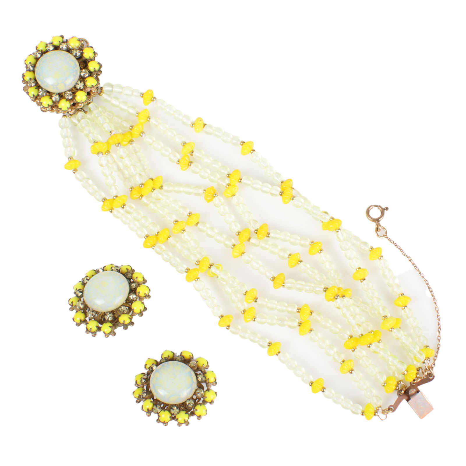 Miriam Haskell yellow marbled art glass cabochon: Miriam Haskell yellow marbled art glass cabochon 8-strand bracelet & earring set Bracelet has eight strands of pale yellow beads with yellow glass floral bead and gold tone micro bead stations. Clasp