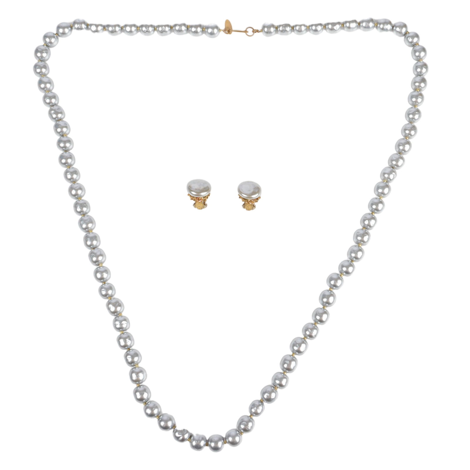 Miriam Haskell silver blue-gray 10mm Baroque opera: Miriam Haskell silver blue-gray 10mm Baroque opera pearl strand with matching button earrings. 31 3/4"L (necklace), 1/2"Diam. (earrings)