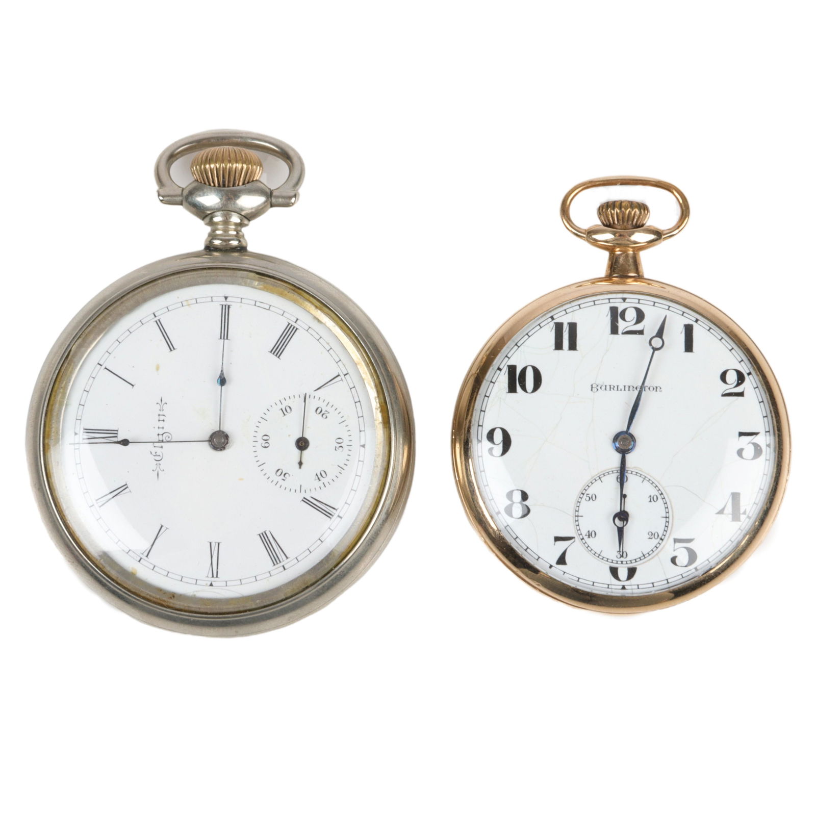 Two antique open face pocket watches; Elgin #8338851: Two antique open face pocket watches; Elgin #8338851 seven jewels in silveroid Keystone Ball Model case, and Burlington 21 jewel in 14K Gold Strata case, Chicago. Cracked dial. 2"Diam. (large), 1 3/4"
