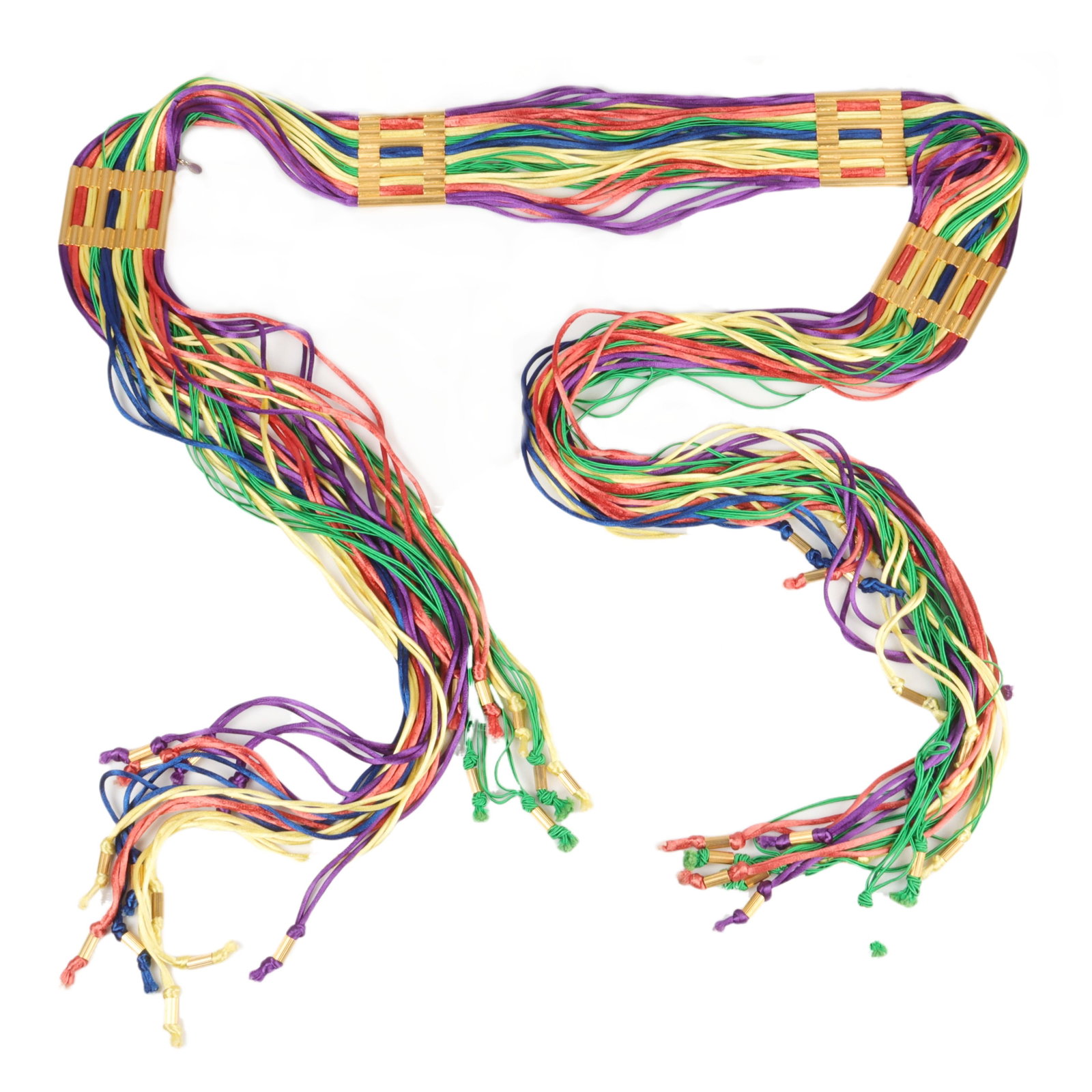 William DeLillo Massive Wide multi-color cord fringe: William DeLillo Massive Wide multi-color cord fringe belt with textured gold stations. with green, yellow, orange, blue and purple strands of cording. 80"L x 2 1/2"W