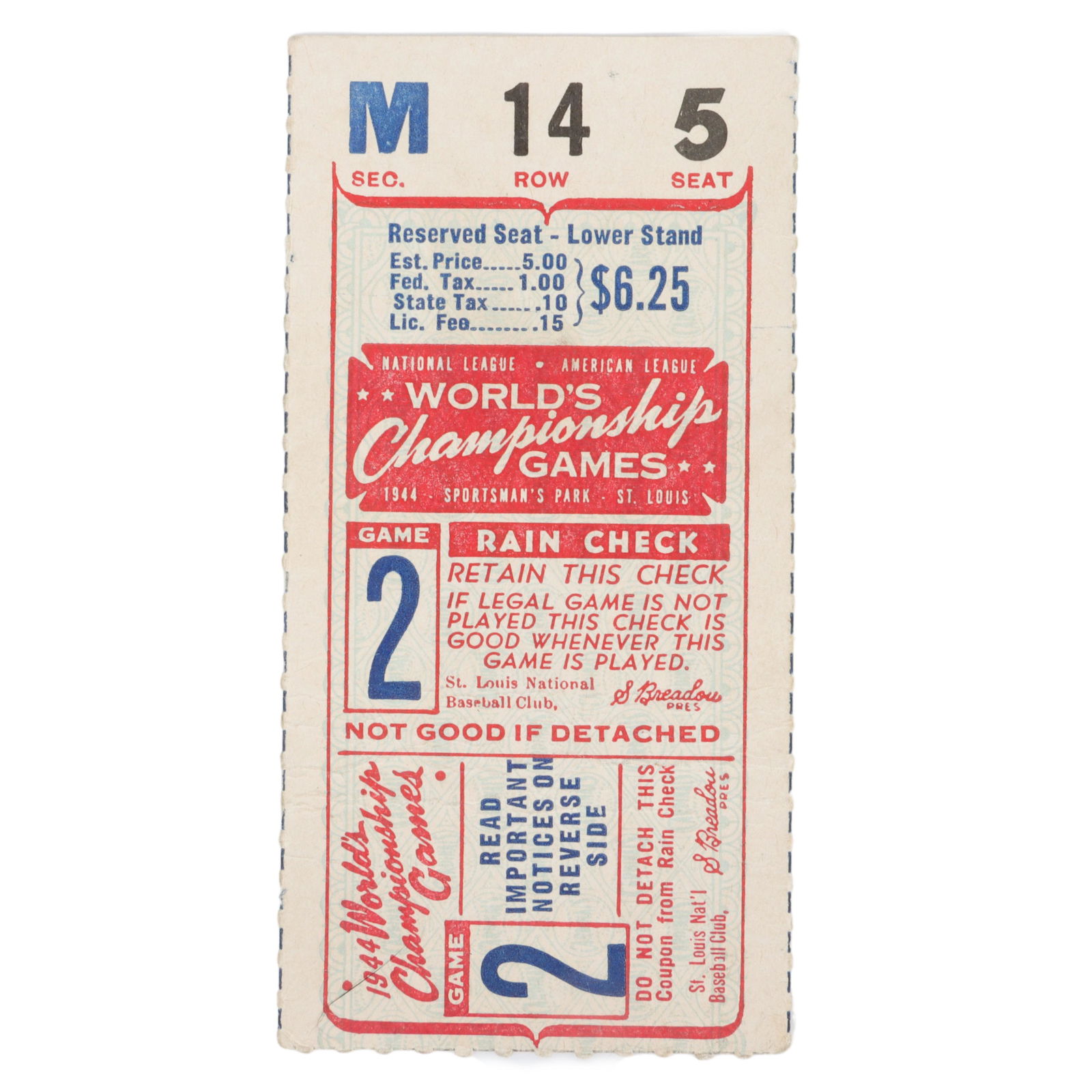 1944 World Series Game 2 Ticket Stub Browns vs (1 of 4)
