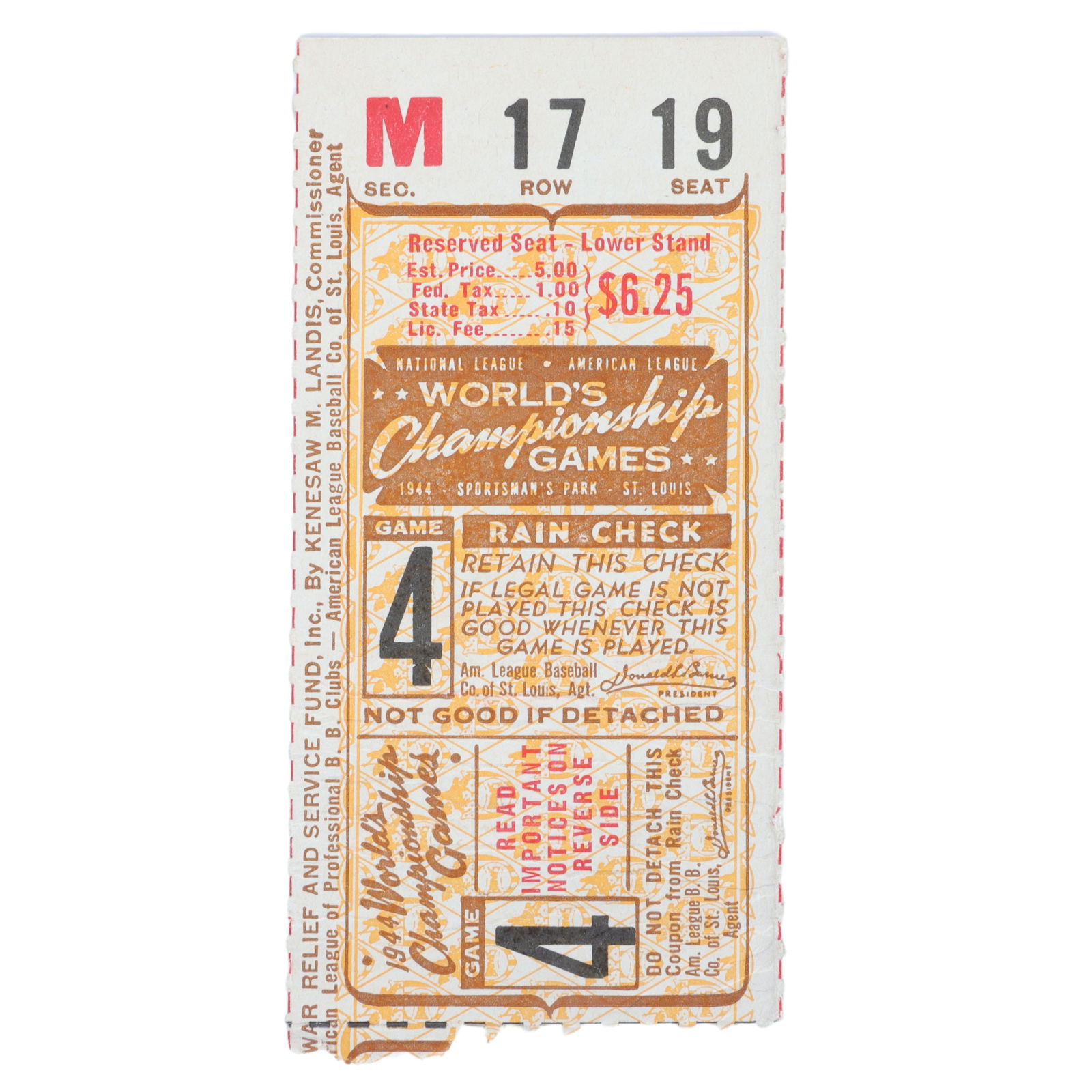 1944 World Series Game 4 Ticket Stub Cardinals vs (1 of 4)