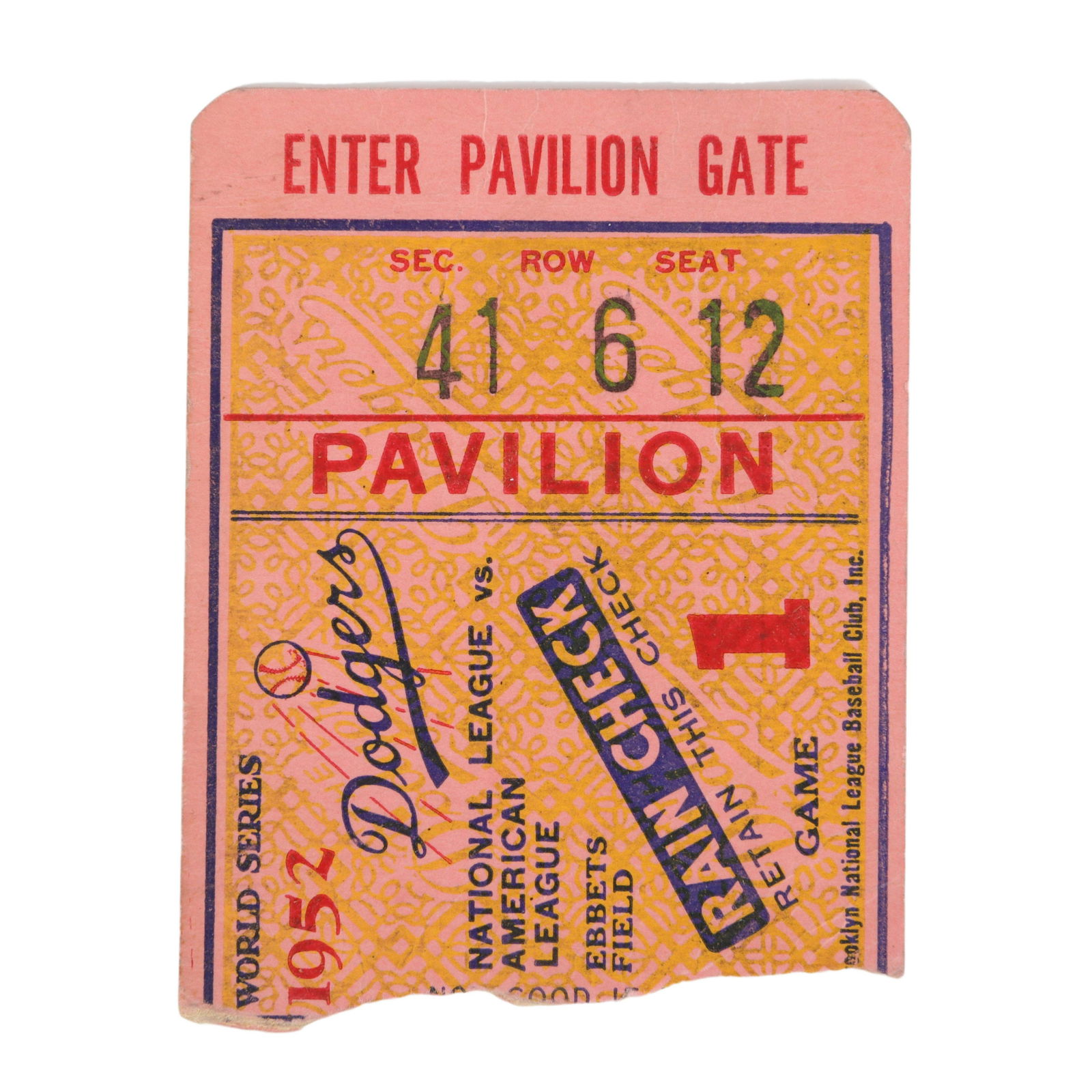 1952 World Series Game 1 Ticket Stub, Yankees vs (1 of 3)