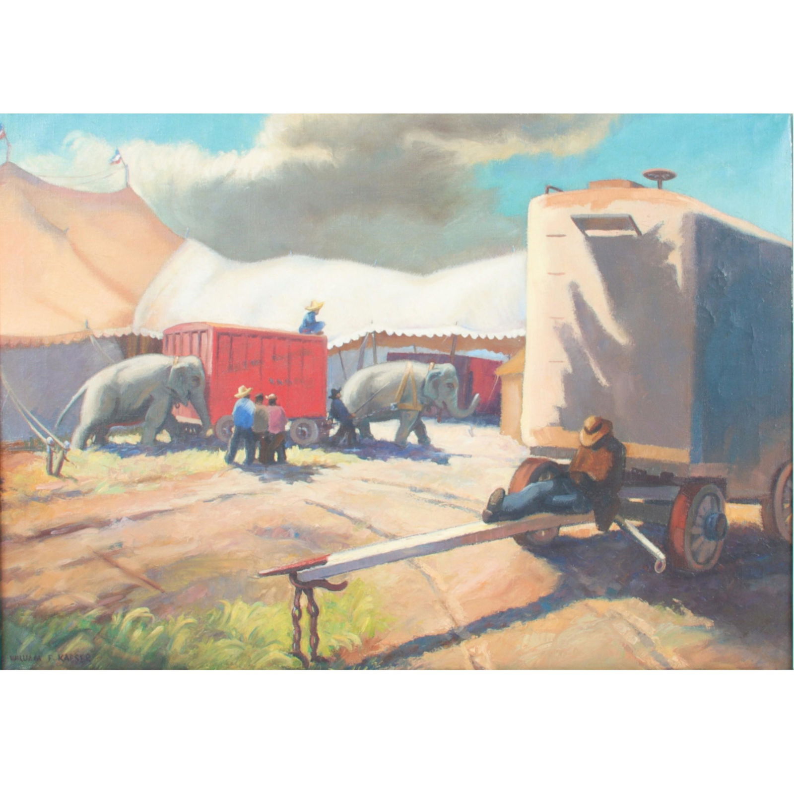 William Frederick Kaeser, American / Indiana: William Frederick Kaeser American / Indiana (1908-1987) Cole Brothers Circus scene with elephants oil on canvas signed lower left. Provenance: From a private collector in Zionsville / Indianapolis. Fr