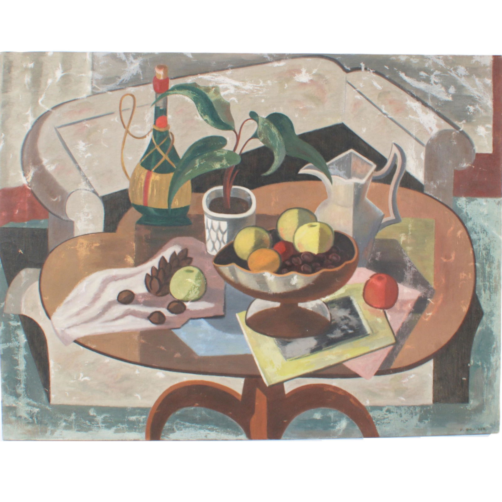 Edmund Brucker, American (1912 -1999), cubist still: Edmund Brucker American (1912 -1999) cubist still life with wine and fruit oil on canvas signed lower right. Wear and scuffing over entire surface. Provenance: From a private collector in Zionsville /