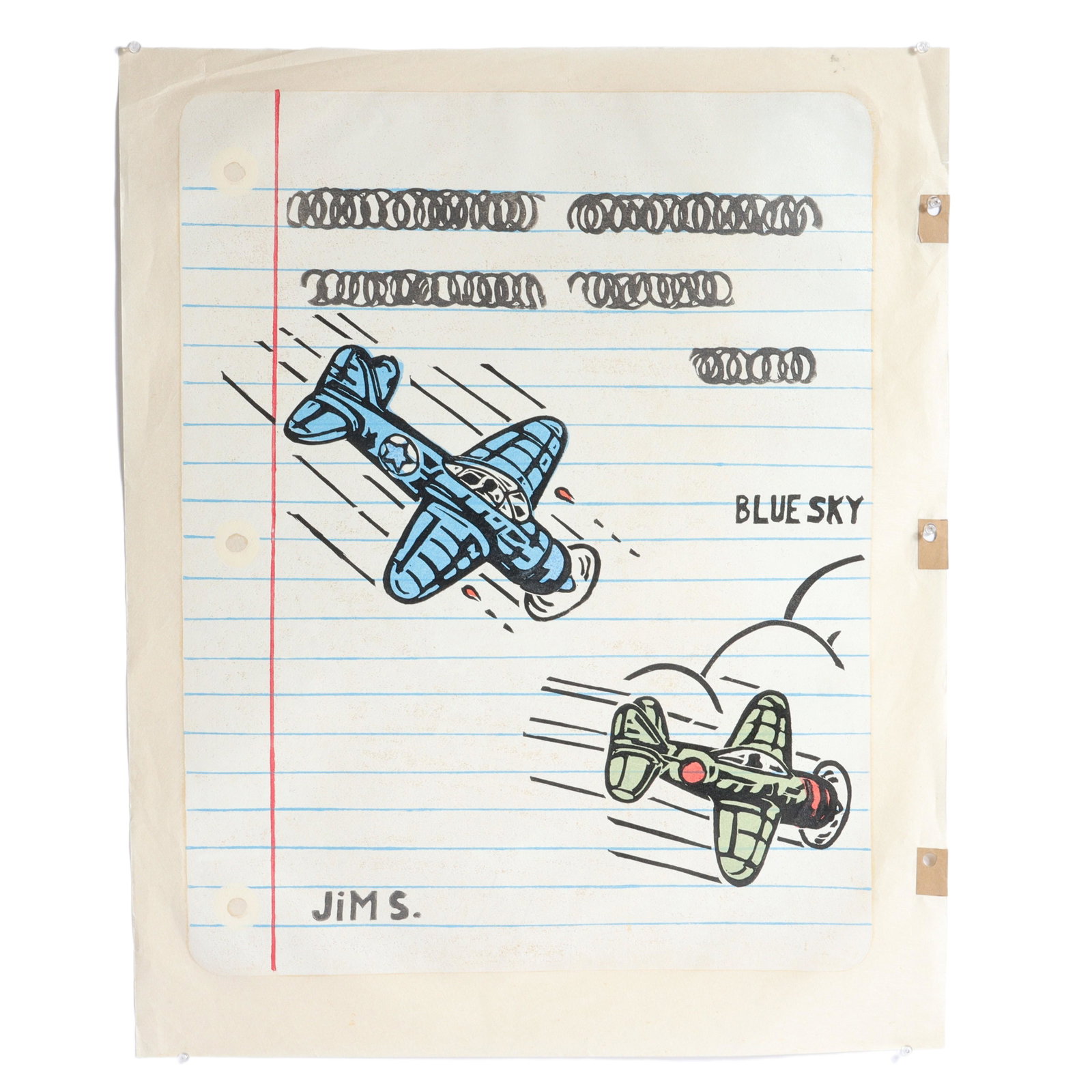 James "Jim" Sampson, Indiana (1939-2021), Jim S. Blue: James "Jim" Sampson Indiana (1939-2021) Jim S. Blue Sky (white notebook with airplanes) color linocut unsigned with certificate of authenticity. Proceeds benefit the James Sampson Memorial Scholarship