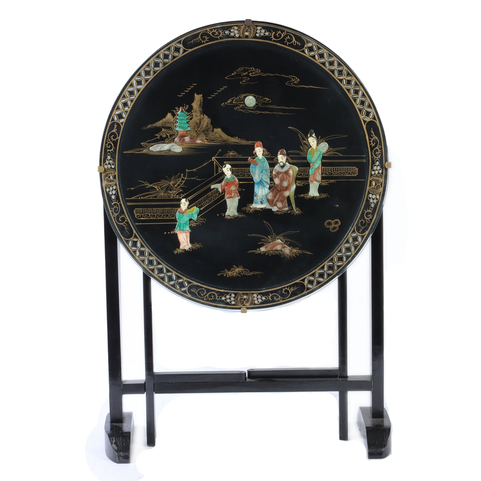 Chinese lacquer gate leg tilt top side table with applied figures in gilt landscape. 36"H x 24"W x (1 of 5)
