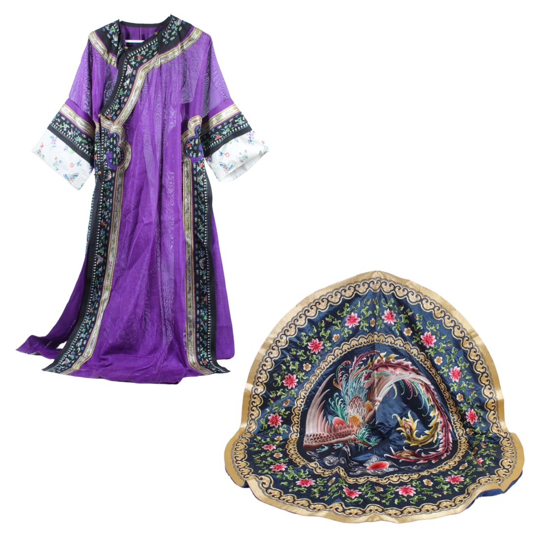 Two antique Chinese embroidered silk textiles: Qing Dynasty purple robe and 58"diam (round cloth) (1 of 20)
