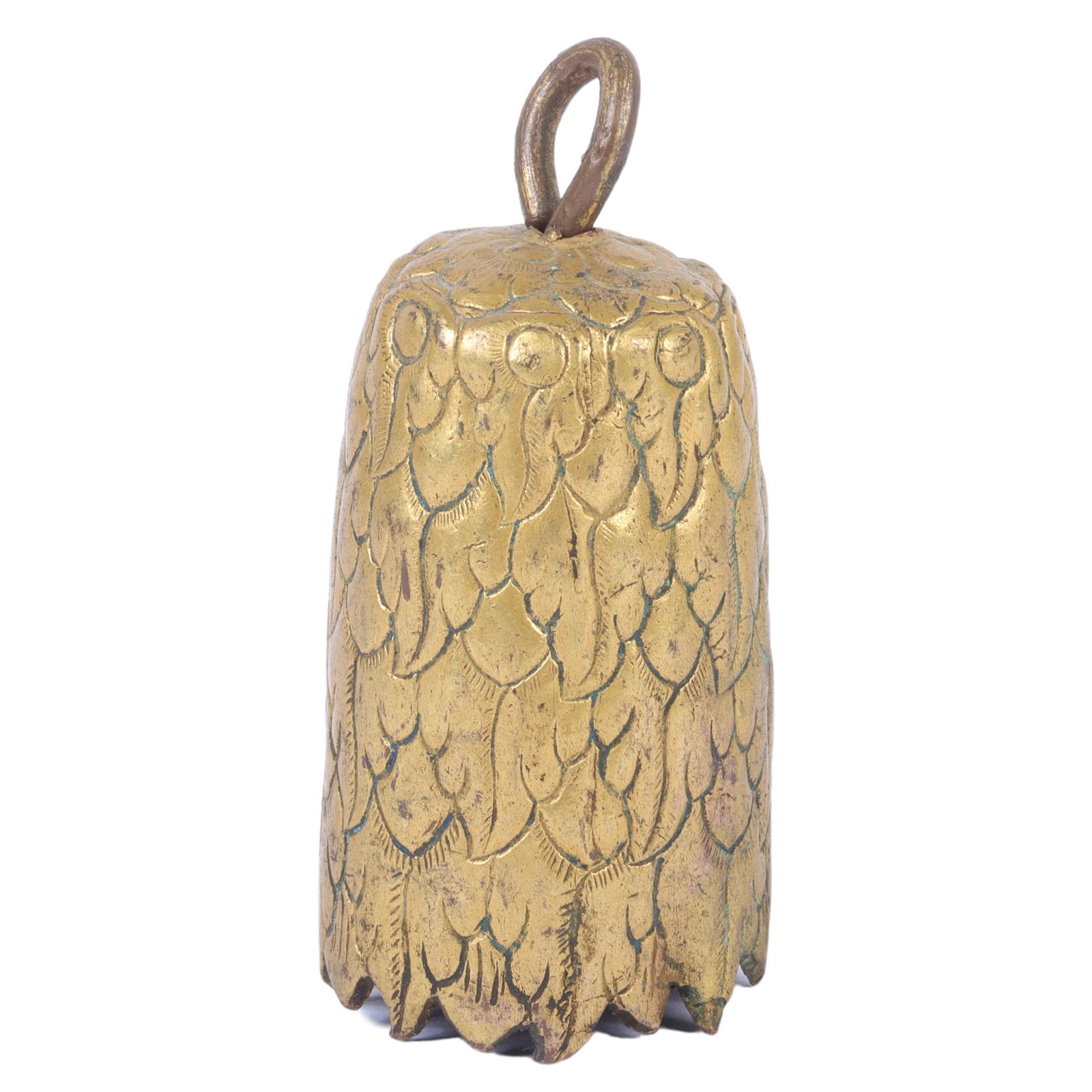 Tibetan Buddhist gilt bronze temple bell with carved leaf / lotus details. 4"H (1 of 5)