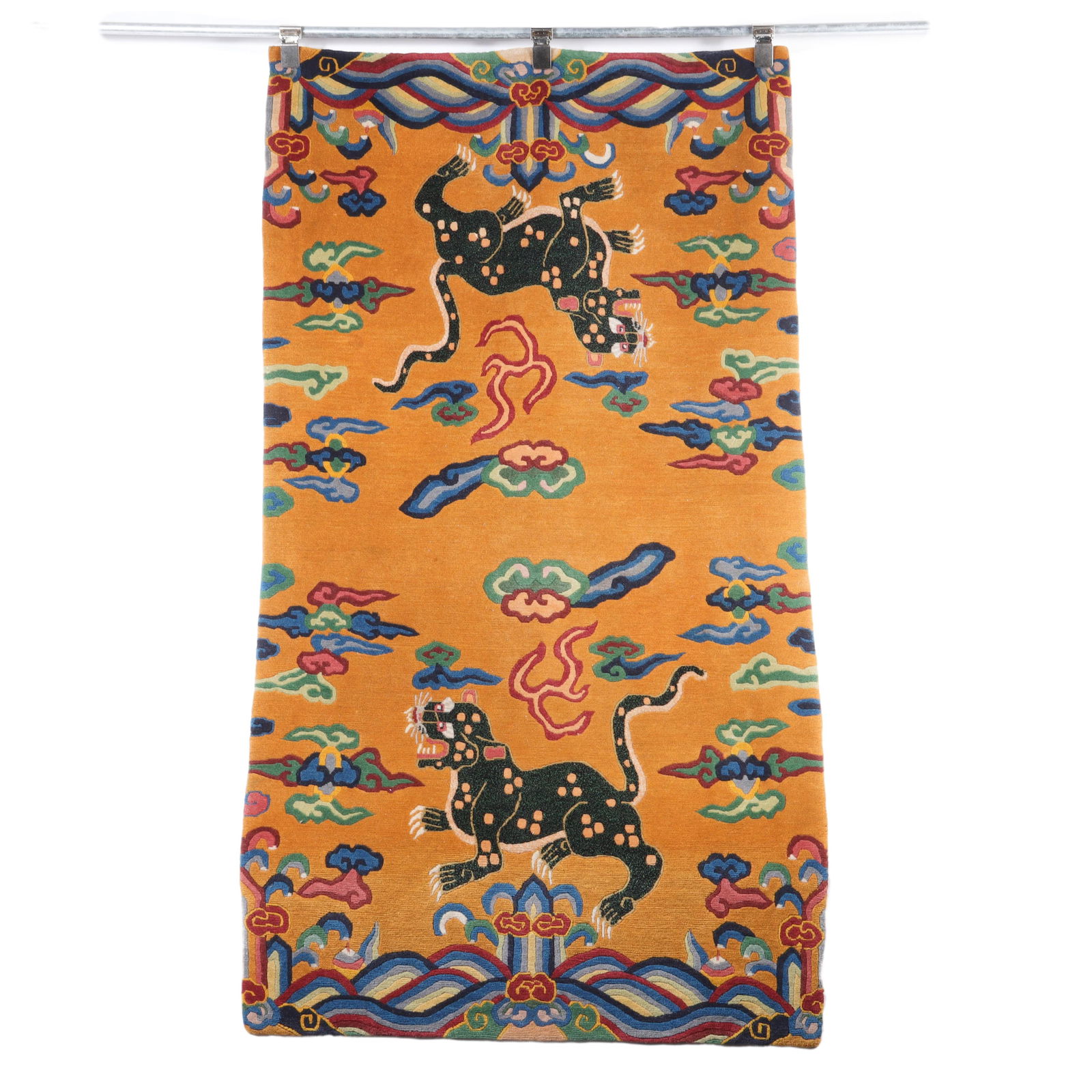 Tibetan golden wool hand knotted rug / carpet with Buddhist leopard symbol motif, ca 1970s. 36"H x (1 of 4)