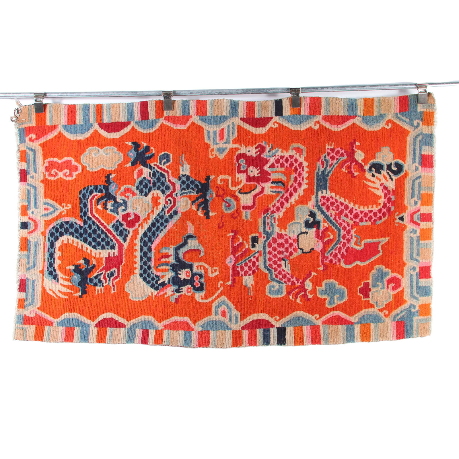 Antique Tibetan orange wool carpet / rug with symbolic 4-toe dragon design, ca 1900. 36" x 72" (1 of 7)