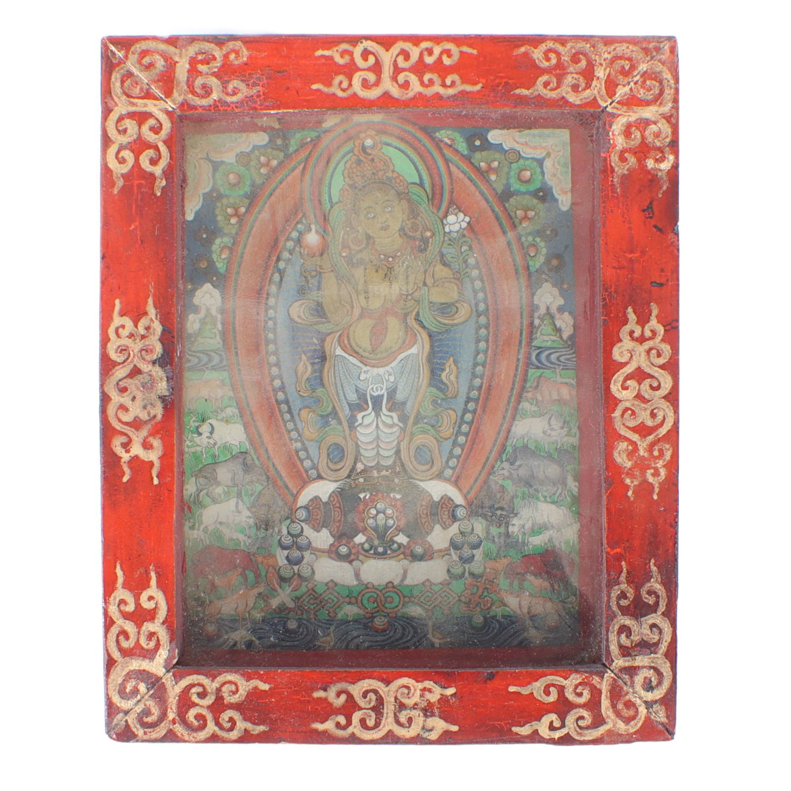 Mongolian painted wooden box with a miniature Buddha thangka painting inside behind glass: 6"H x 5"W (1 of 5)