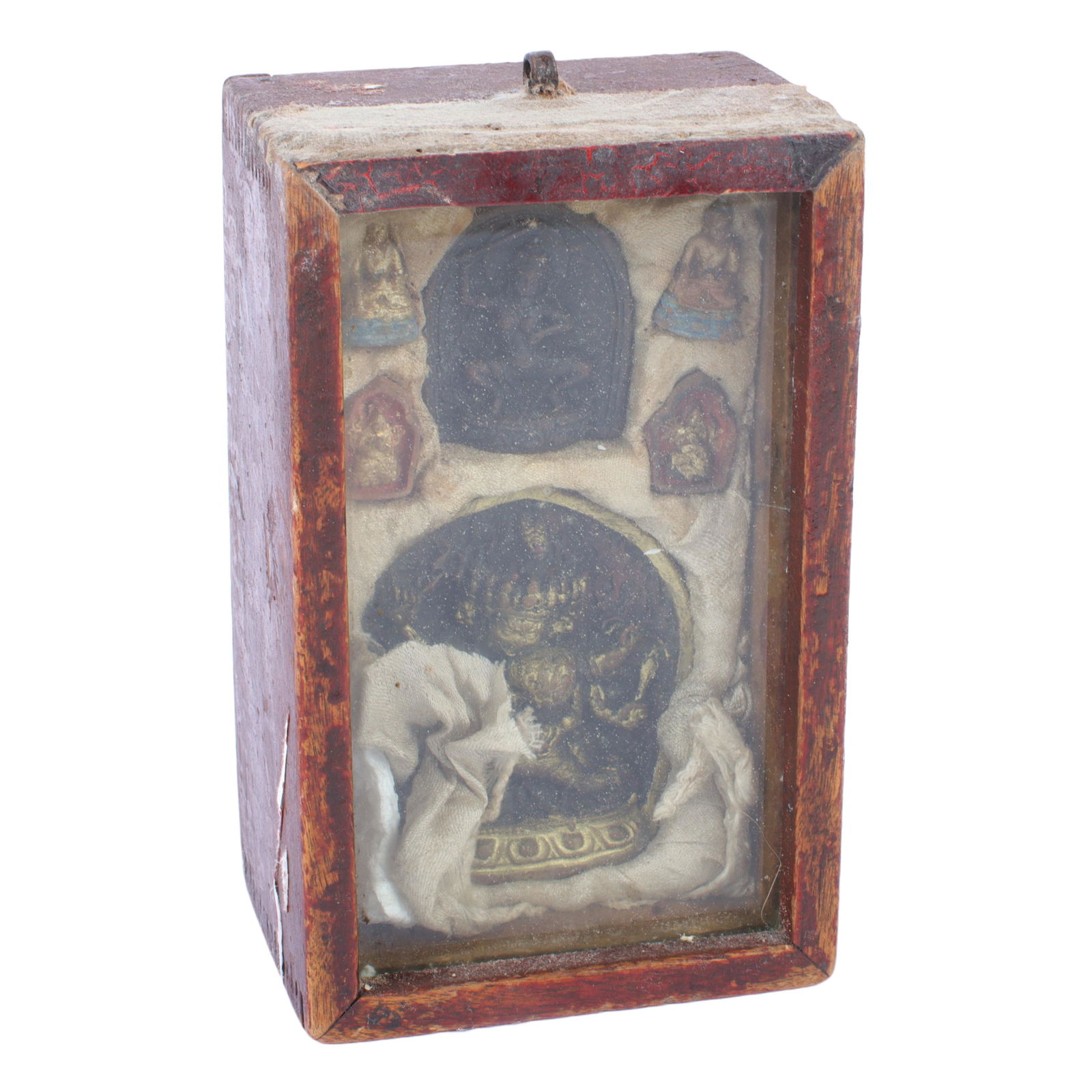 Mongolian Buddhist painted wooden traveling icon box that holds shrine deity figures: 7"H x 4"W (1 of 5)