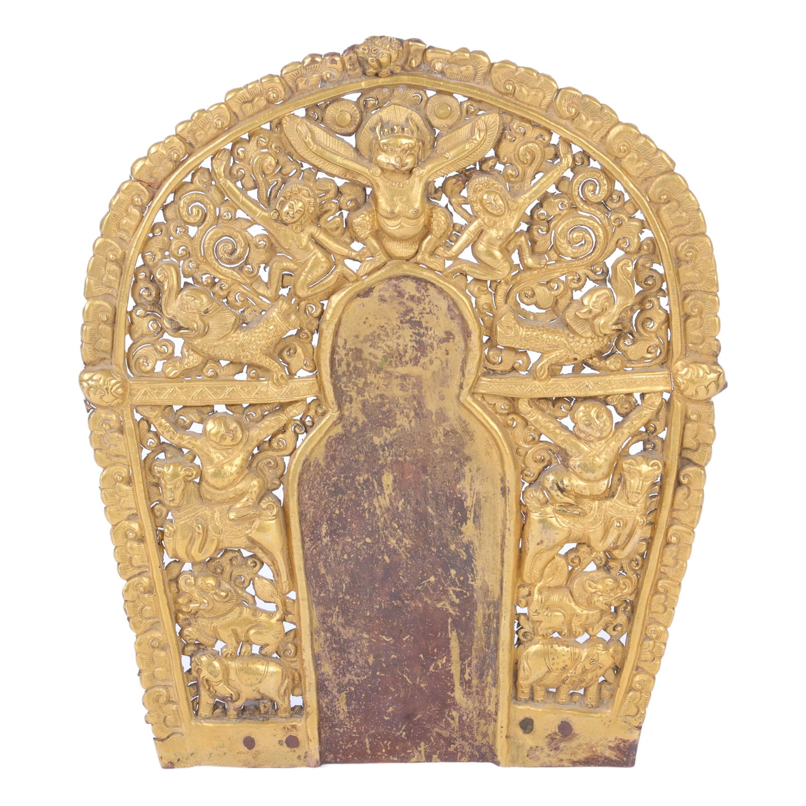 Tibetan gilt bronze Buddhist Mandorla "halo" with deity 11" x 8" (1 of 11)