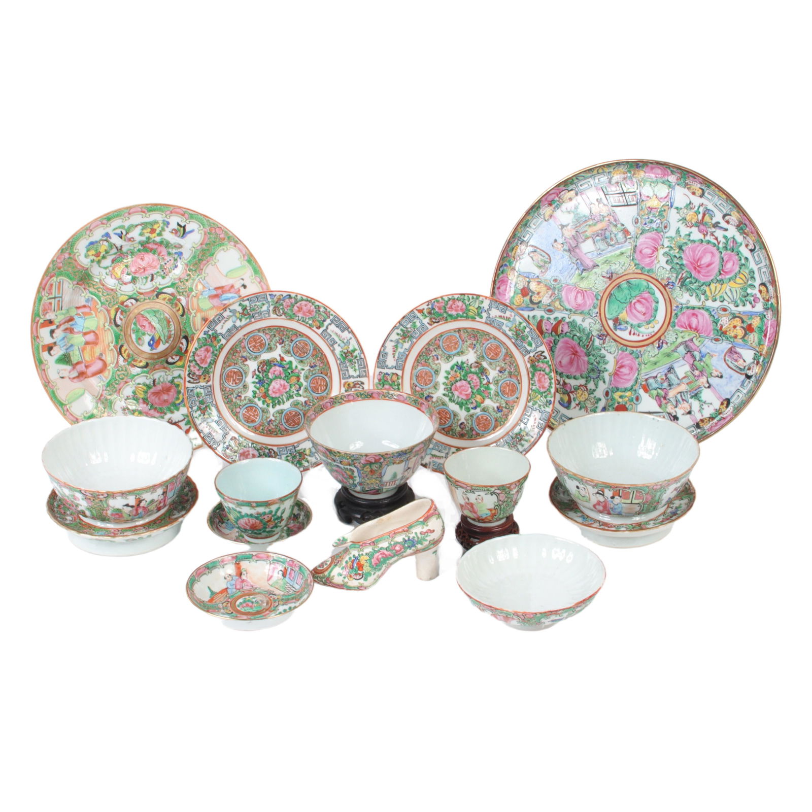 Rose Medallion porcelain plates, tea cups, saucers, two trays, two plates, bowls, figural shoe. (1 of 12)