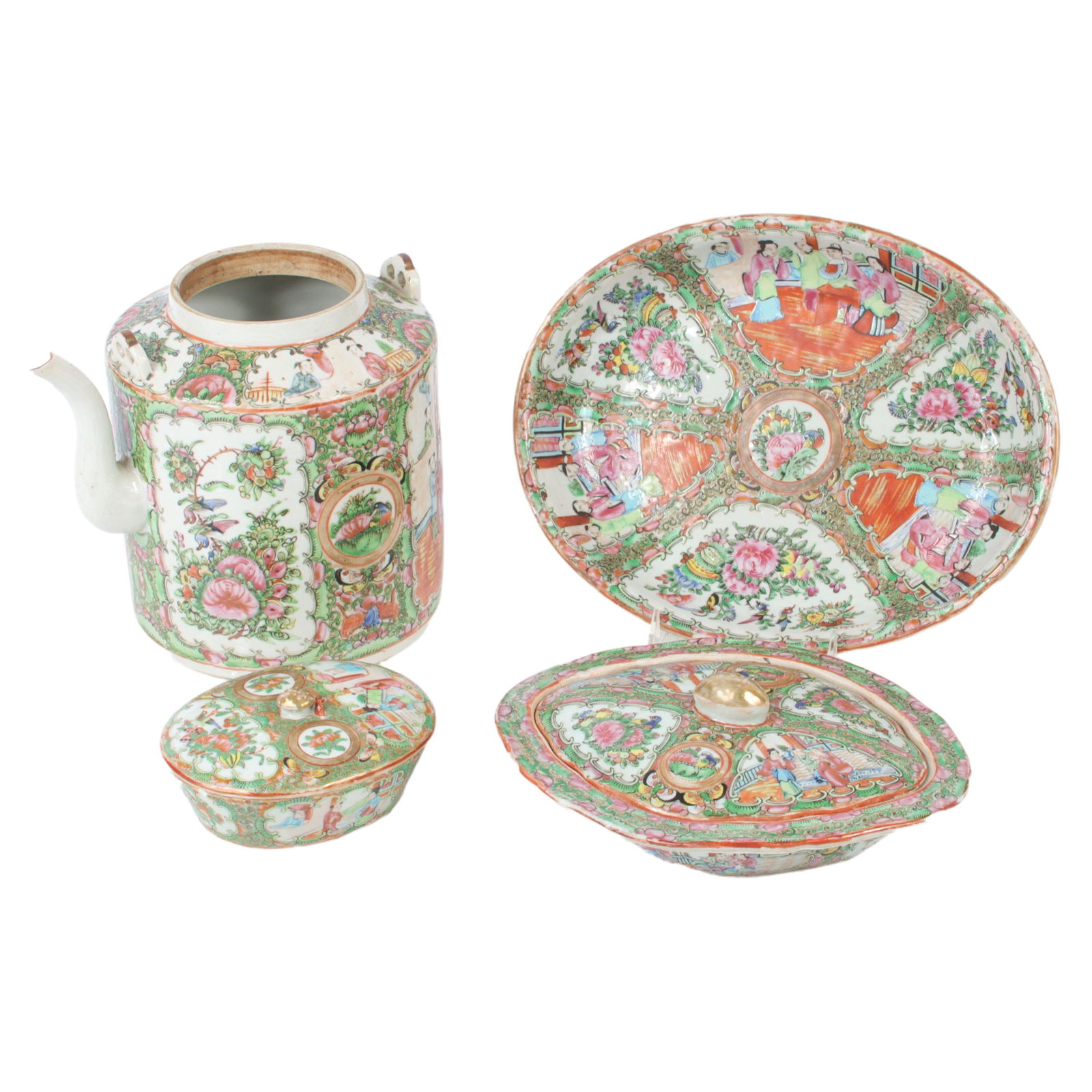 Rose Medallion porcelain teapot, two covered dishes and serving plate. 8 1/2"H x 8 1/2"Diam. (1 of 12)