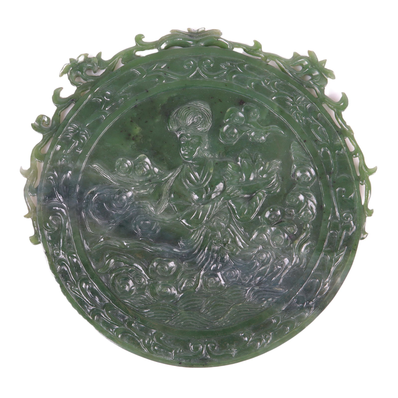 Large Chinese carved spinach jade medallion ornament, carved on both side with deity figures. 7"H x (1 of 8)