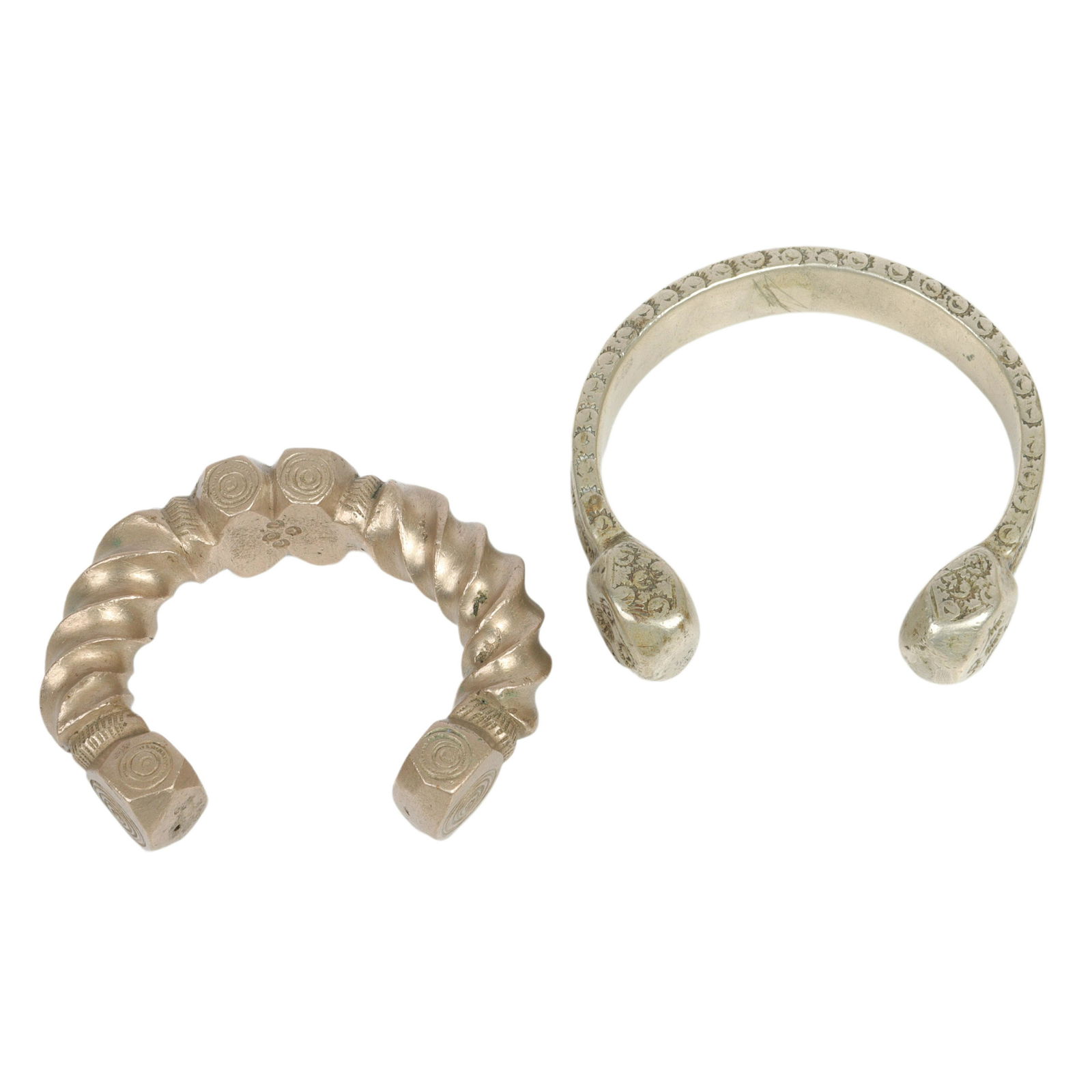Two Saharan West African Tuareg? silver tribal currency bangle bracelets. 2 3/4" inner width (1 of 6)