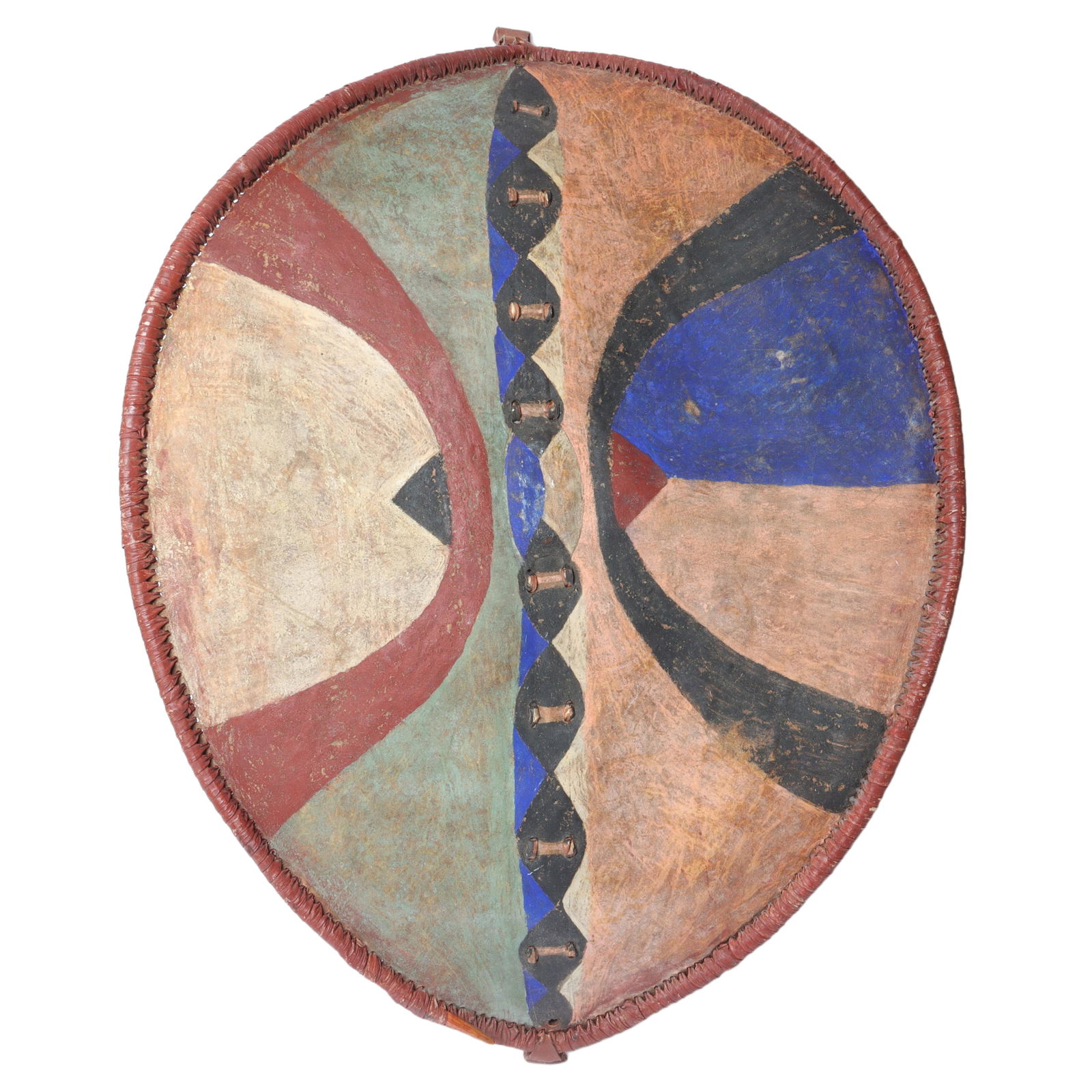 Kenyan / Massai? African tribal hide shield with polychrome decoration. 37"H x 25"W x 8"D (1 of 9)