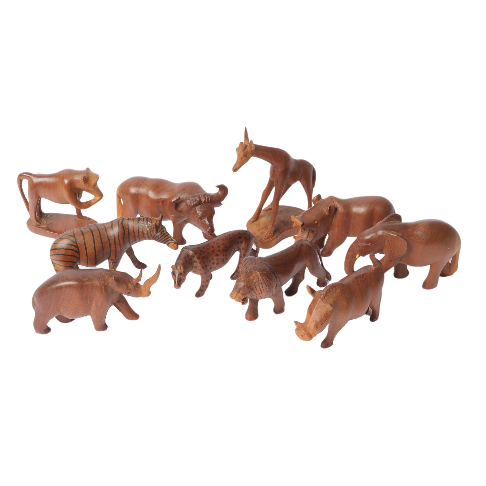 Ten African folk art carved and painted wood animal figures 7"H (largest) (1 of 10)
