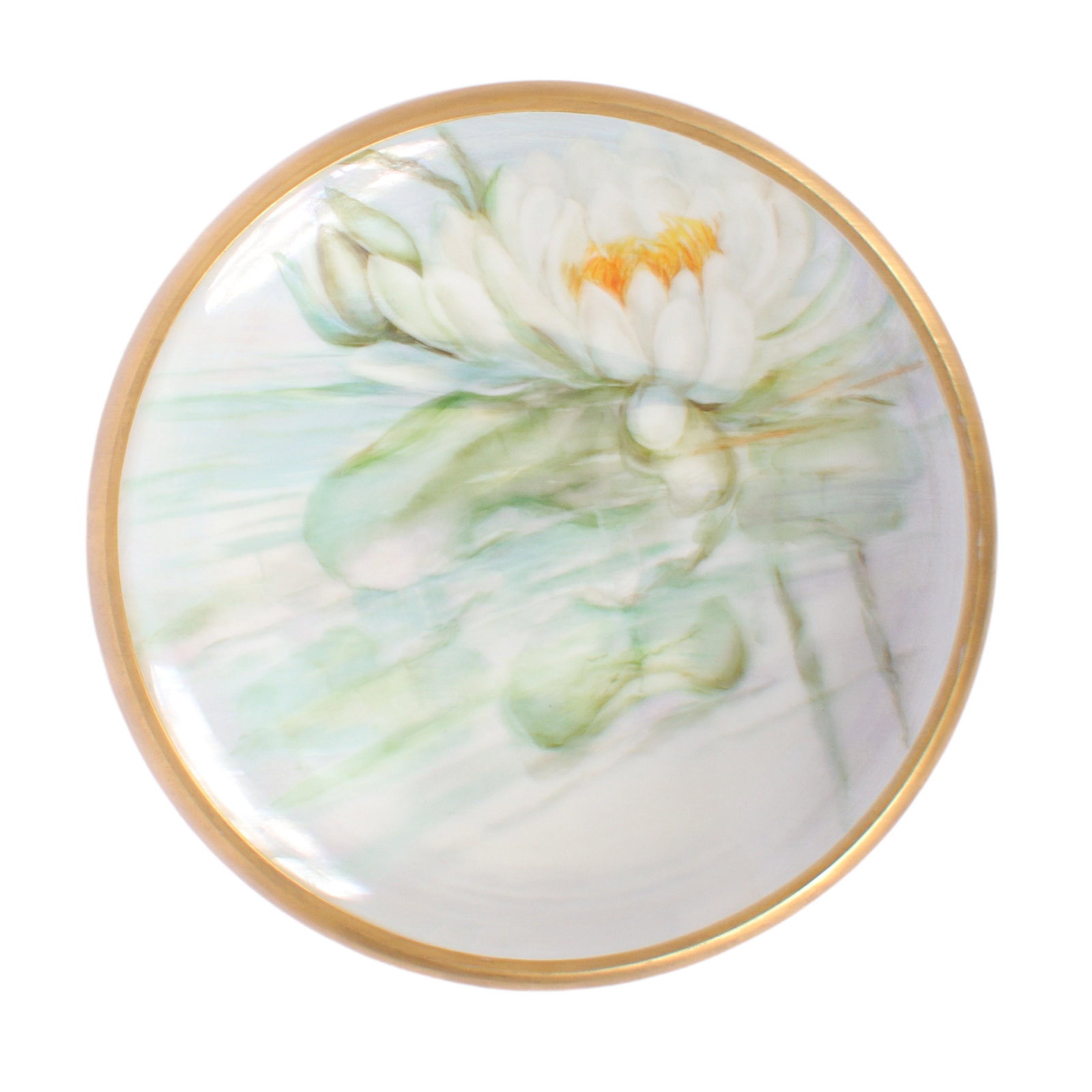 Large hand painted Victorian porcelain bulb center bowl with lotus waterlily flowers on pond. (1 of 5)