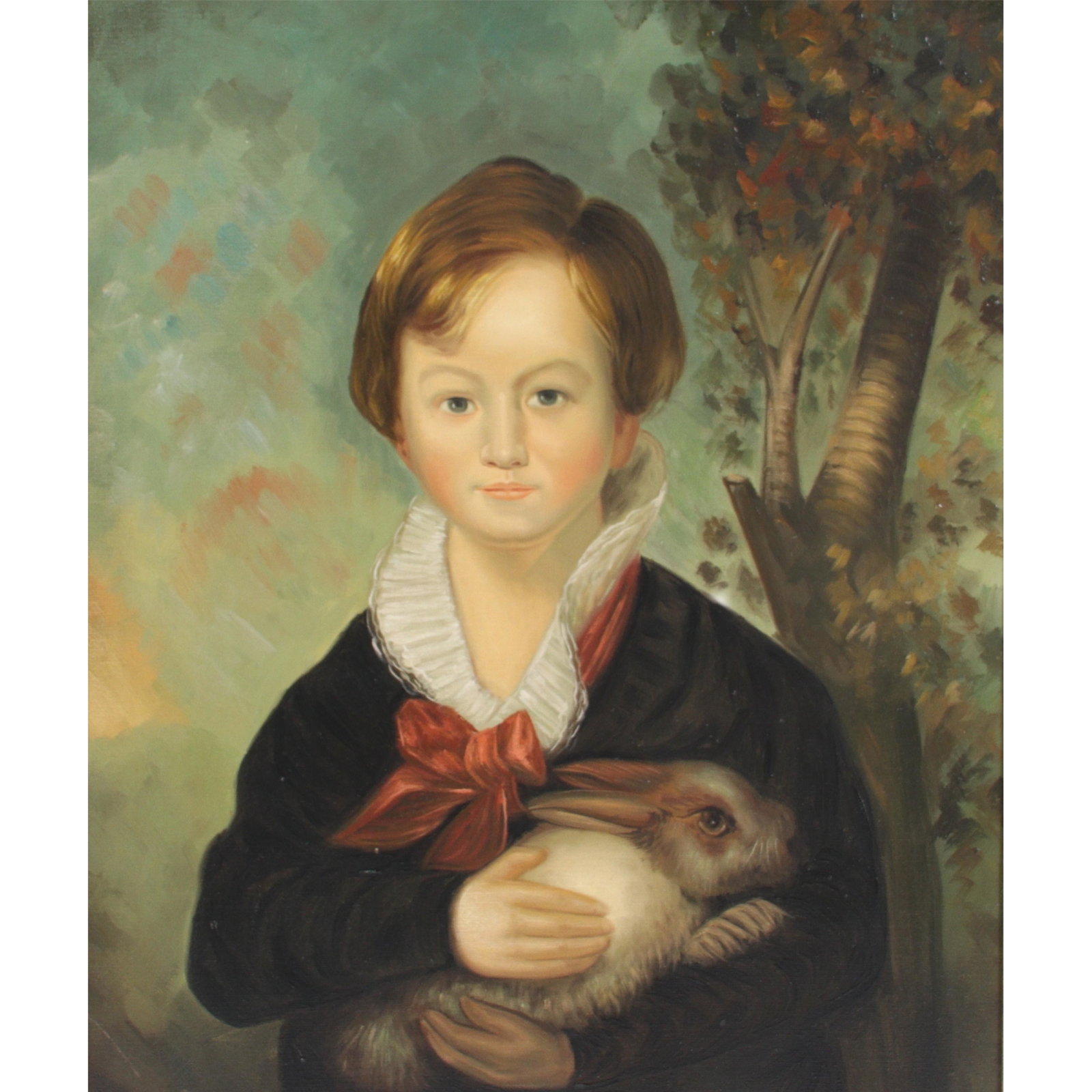 Boy With Rabbit copy of an 18th Century Continental portrait from the original Master Tennyson: Boy With Rabbit copy of an 18th Century Continental portrait from the original Master Tennyson Chelsea House painting. Oil on canvas in carved and gilt frame. 23 1/2"H x 19 1/2"W (image), 28 1/2"H x 2