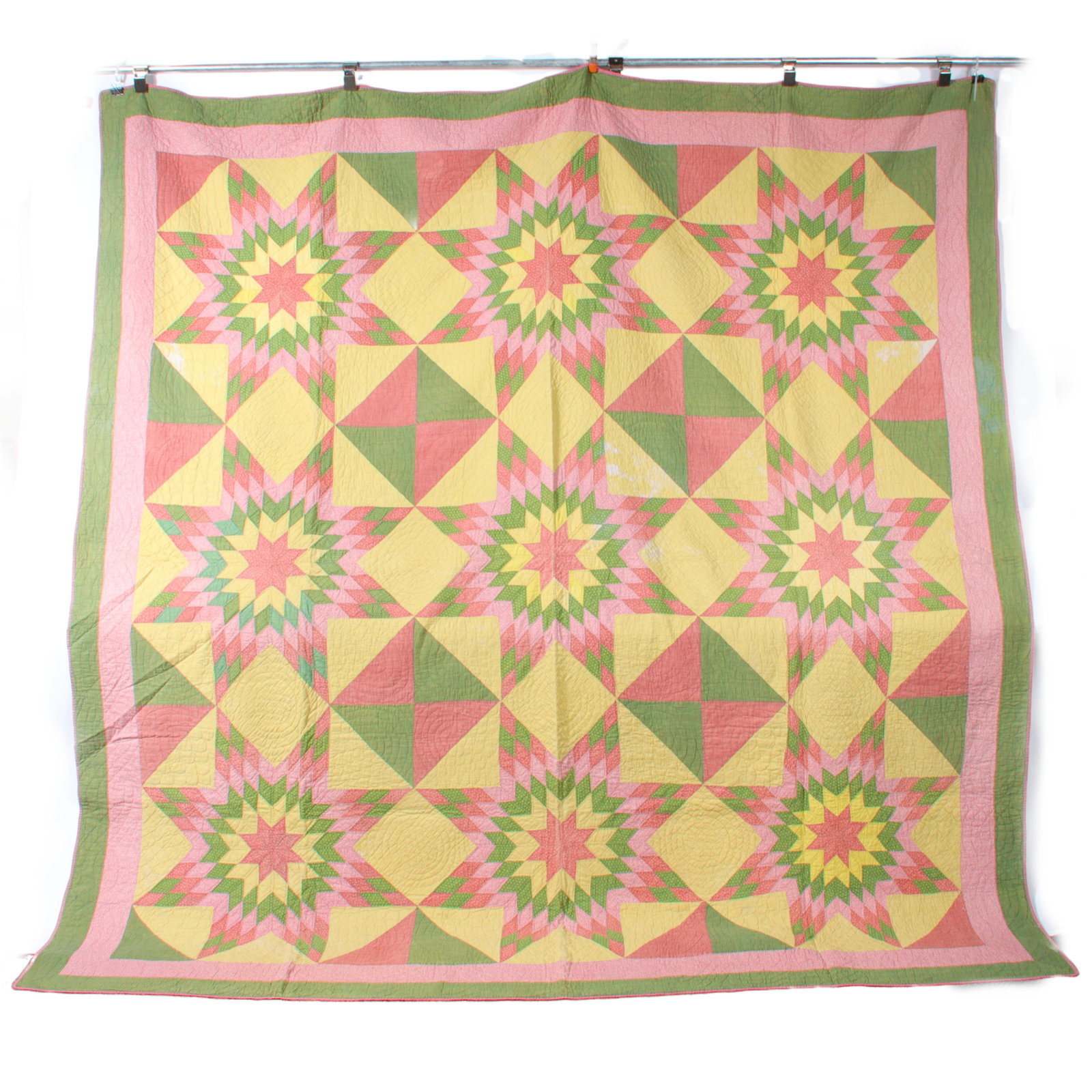 Vintage nine star quilt, hand pieced and quilted in pink, green and yellow. 96"H x 96"W (1 of 10)