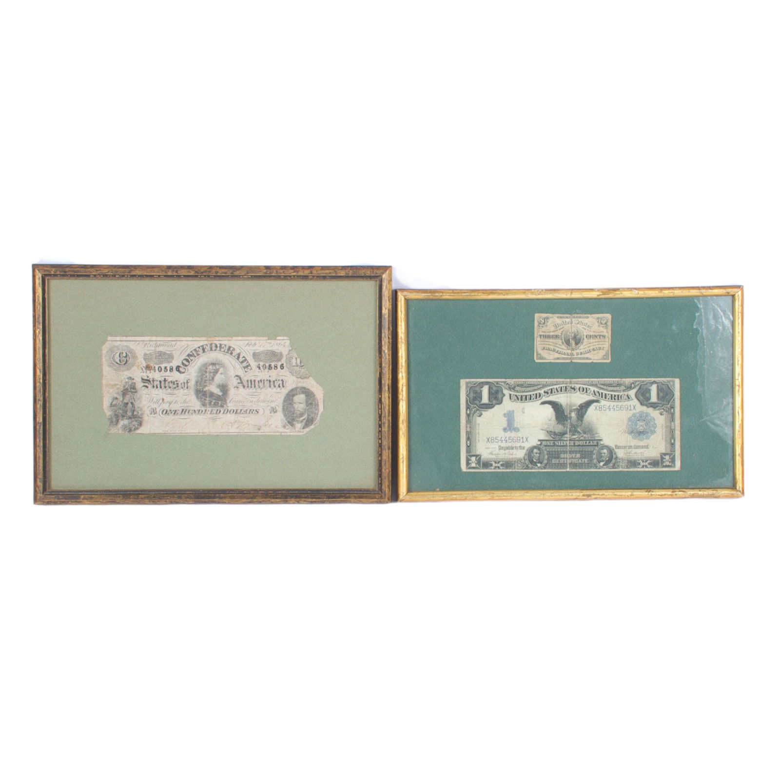 Antique American paper currency; 3 Cent bill, 1 Silver Dollar Certificat, 100 Confederate Dollars.: Antique American paper currency; 3 Cent bill, 1 Silver Dollar Certificat, 100 Confederate Dollars. 12"H x 8"W (largest)