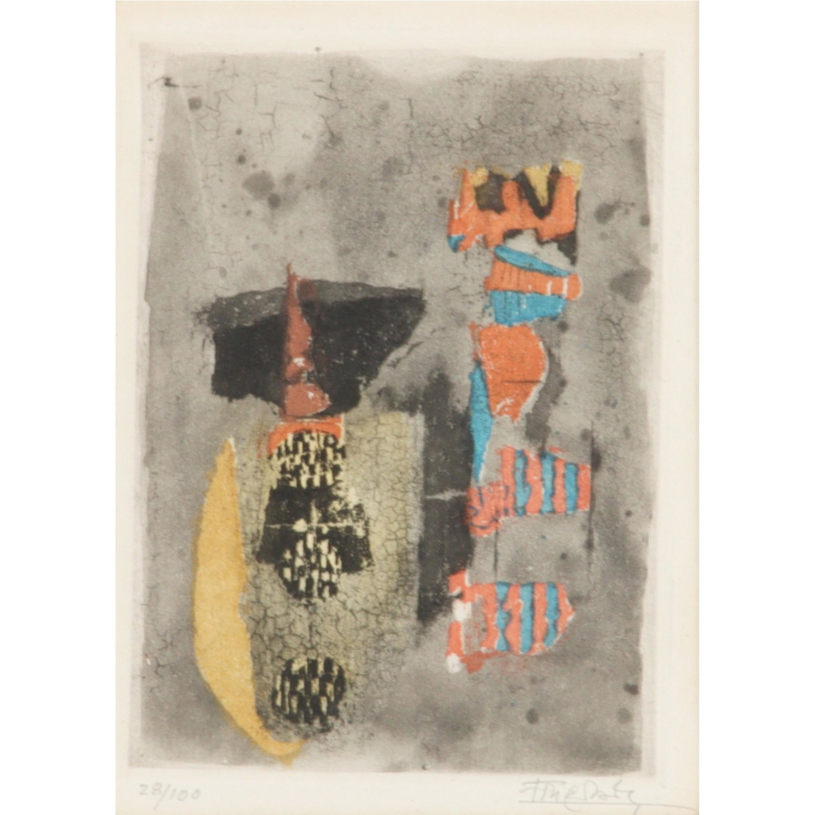 Johnny Friedlander, France / Poland (1912-1992), Untitled, figural abstract, aquatint in colors, 6: Johnny Friedlander France / Poland (1912-1992) Untitled, figural abstract aquatint in colors pencil signed and numbered 28/100 lower margin. From AskArt: Johnny Friedlaender was a leading 20th century