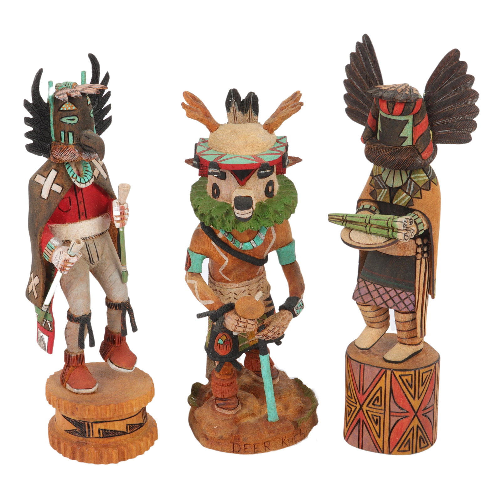 Three Hopi Native American Kachina dolls with carved & painted wood: Crow Man & Deer Man. 10 1/2"H x (1 of 10)