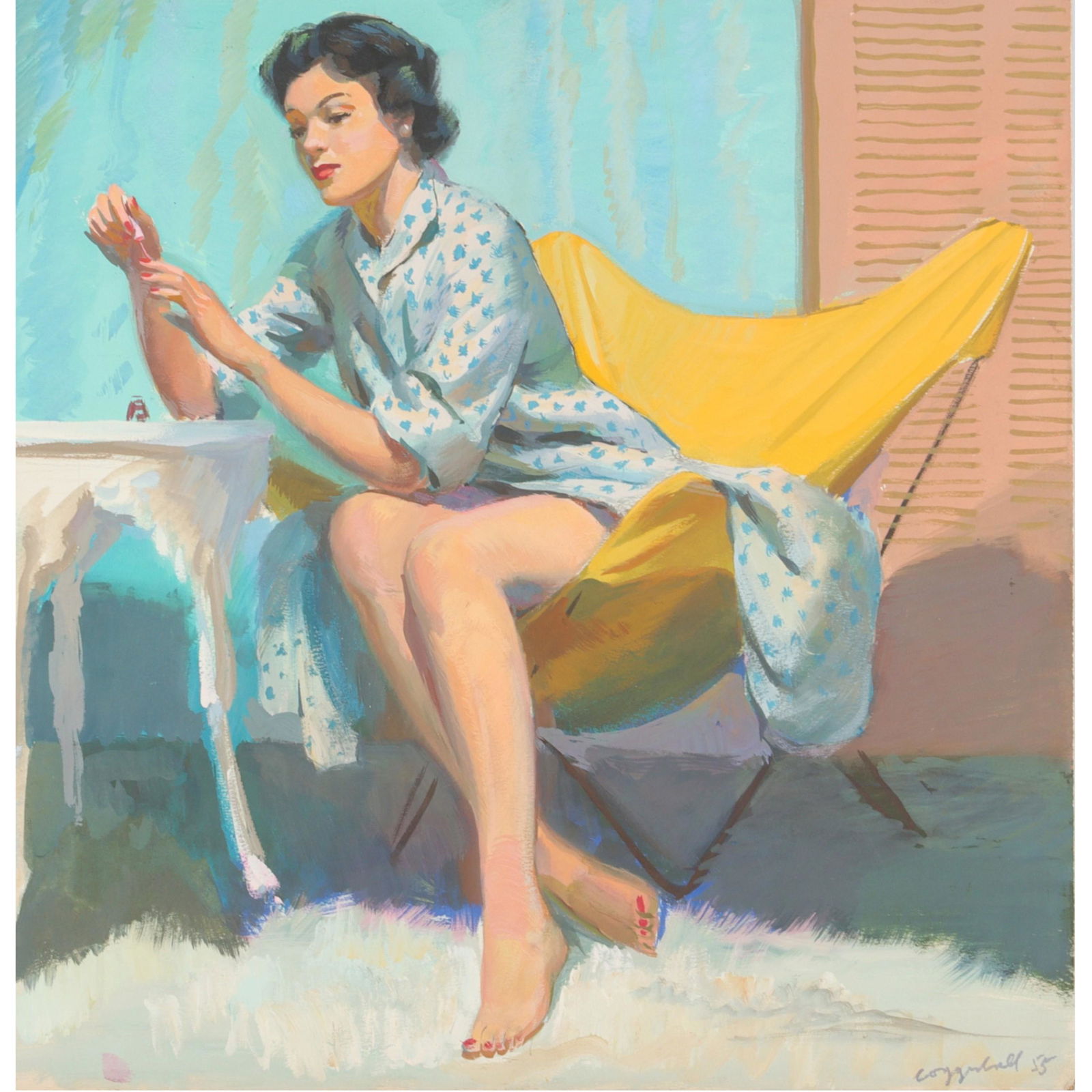 George Seton Coggeshall, Illinois (1914 - 1994), untitled woman in yellow chair, '55, acrylic on (1 of 5)