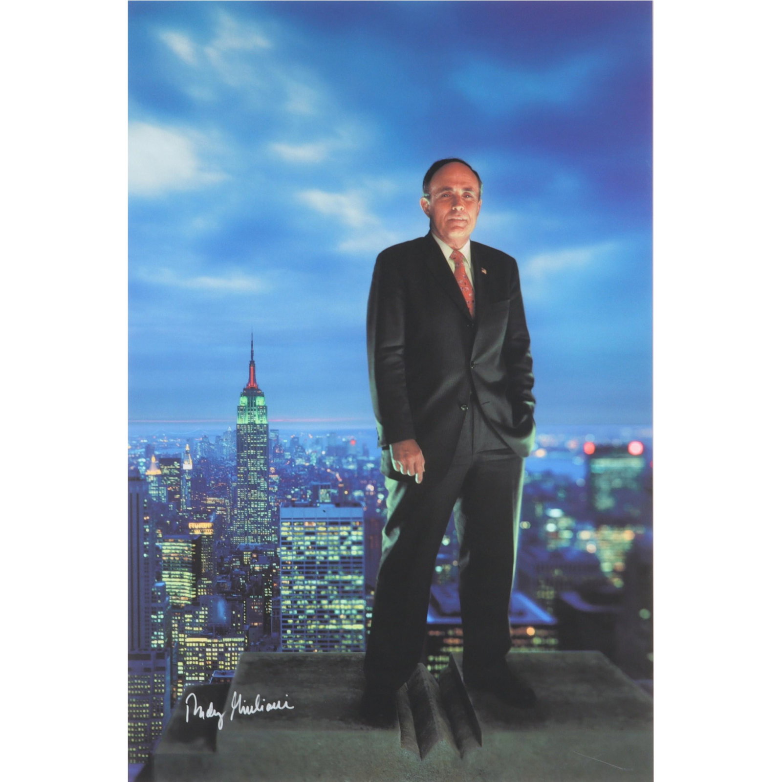 Gregory Heisler, American (b. 1954), Rudolph Giuliani Time Magazine Dec. 2001 Person of the Year,: Gregory Heisler American (b. 1954) Rudolph Giuliani Time Magazine Dec. 2001 Person of the Year, 9/11 Mayor of New York Piezo Print color photograph portrait with NYC skyline signed Rudy Giuliani lower