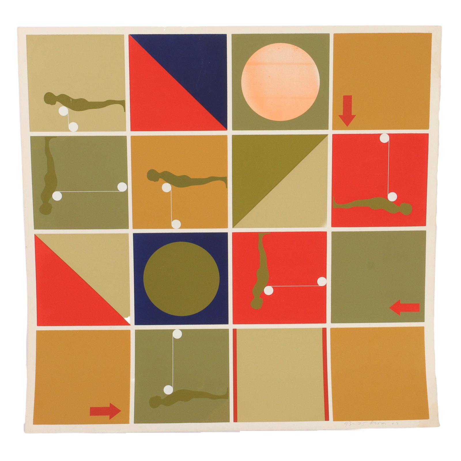 Ernest Trova, American (1927-2009), Falling Man, 1967, screen print, 24"H x 24"W: Ernest Trova American (1927-2009) Falling Man, 1967 screen print Pencil signed, dated, and numbered 43/75. From AskArt: Known for his Falling Man series in abstract figural sculpture, he created hard-