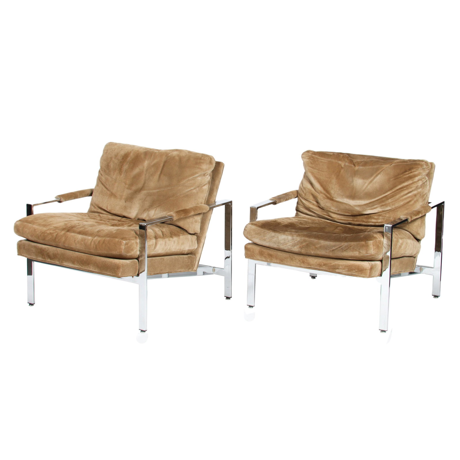 PAIR Milo Baughman Thayer Coggin lounge chairs, suede cushion, chrome steel. 27"H x 28 1/2"W x 31"D (1 of 12)