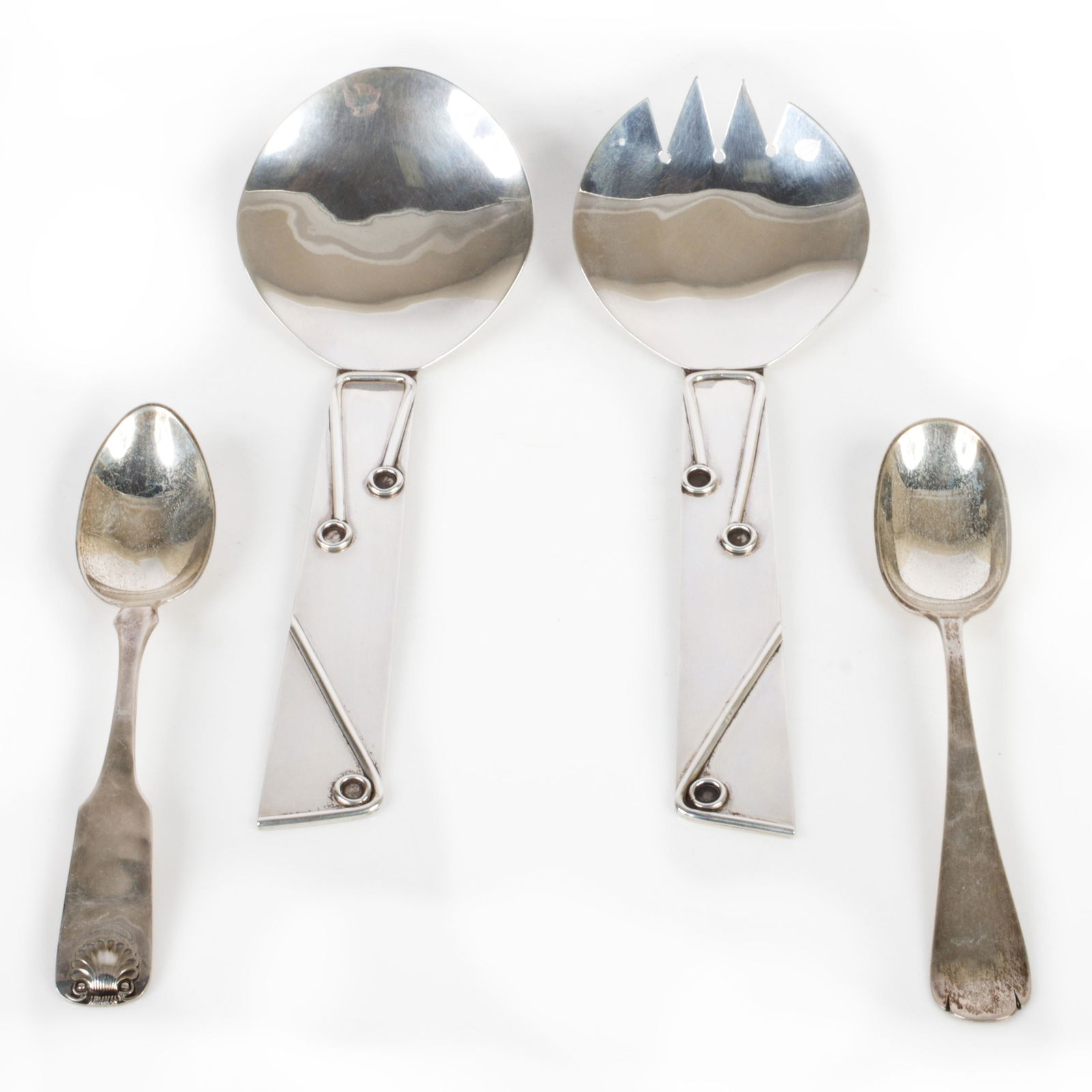 Modernist and craftsman handwrought sterling silver 4pc.; Felice salad serving set 8 1/4"H x 2 3/4"W (1 of 7)