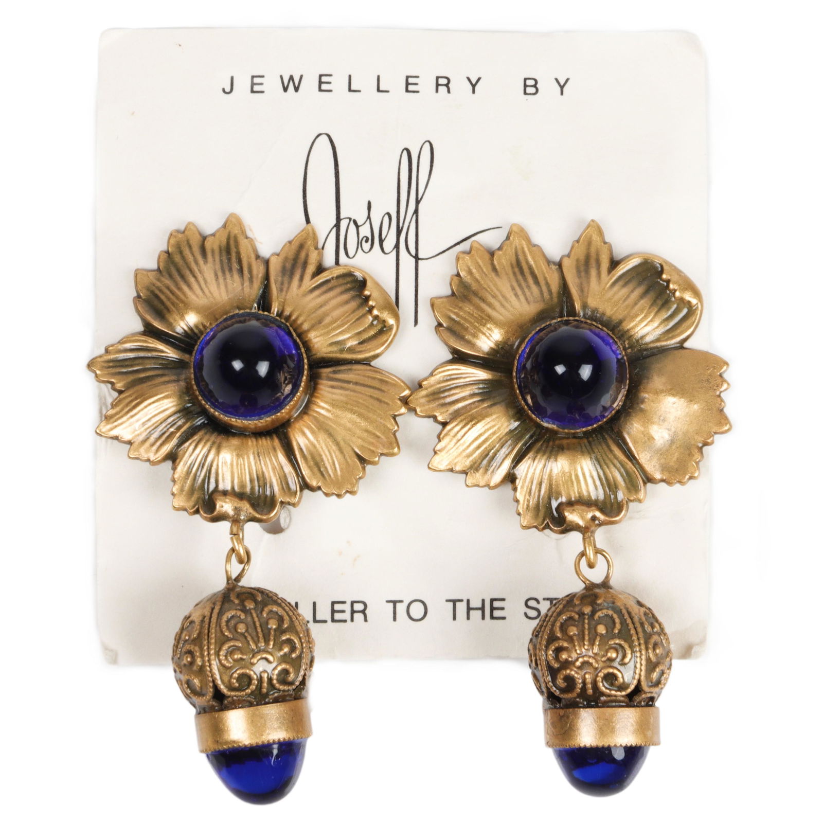 Joseff of Hollywood gold tone flower dangle earrings with blue cabochons. 2 1/4"H x 1 1/4"W (1 of 4)