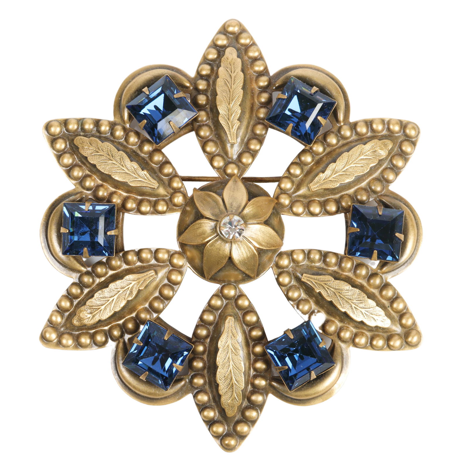 Joseff of Hollywood Massive shield form brooch with huge sapphire blue square crystals:, 4 1/2"H x 3 (1 of 4)